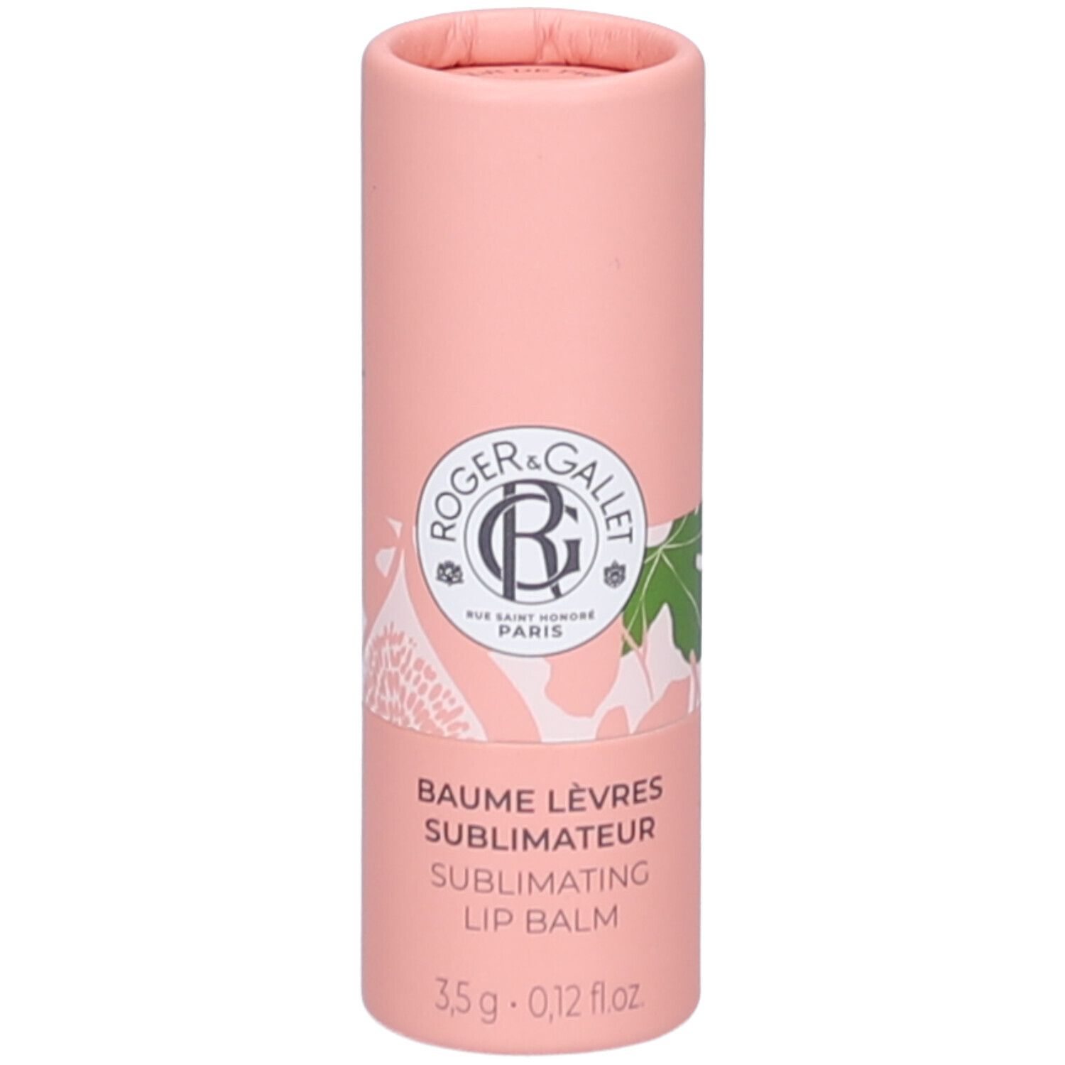 Zylindrische Verpackung, rosa. Logo und Schriftzug: ROGER & GALLET. Produktname: BAUME LÈVRES SUBLIMATEUR. 3,5 g.
