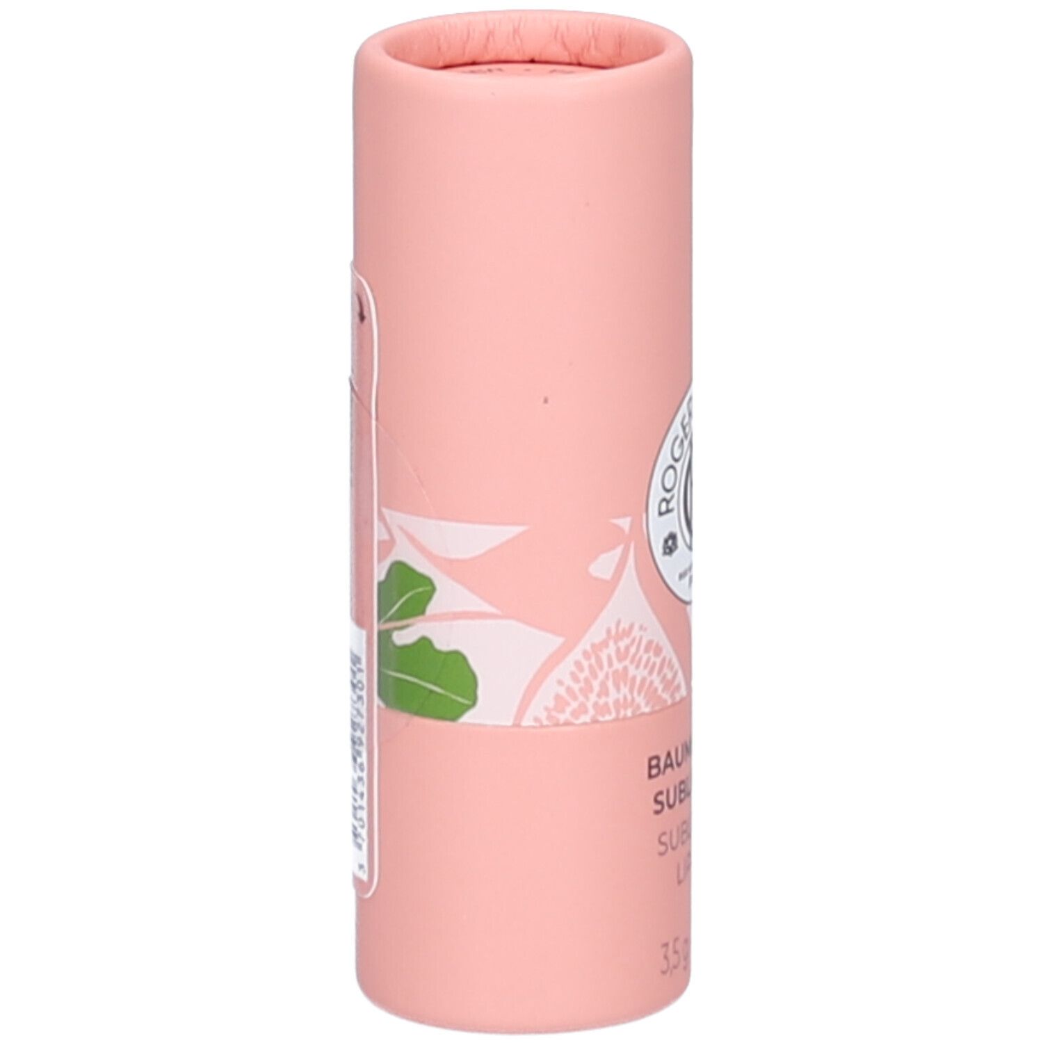 Rosa zylindrische Verpackung. Logo ROGER & GALLET. Aufkleber mit Text. Abbildung von Feigenblatt und Frucht.