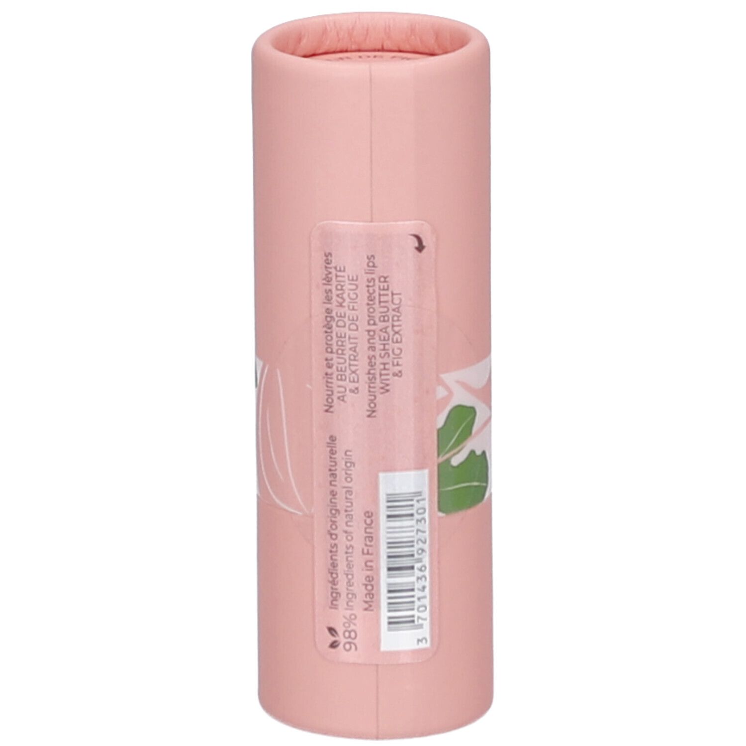Rosa zylindrische Verpackung. Aufkleber mit Text: Inhaltsstoffe, Herkunft, 98% natürliche Inhaltsstoffe. Hergestellt in Frankreich.