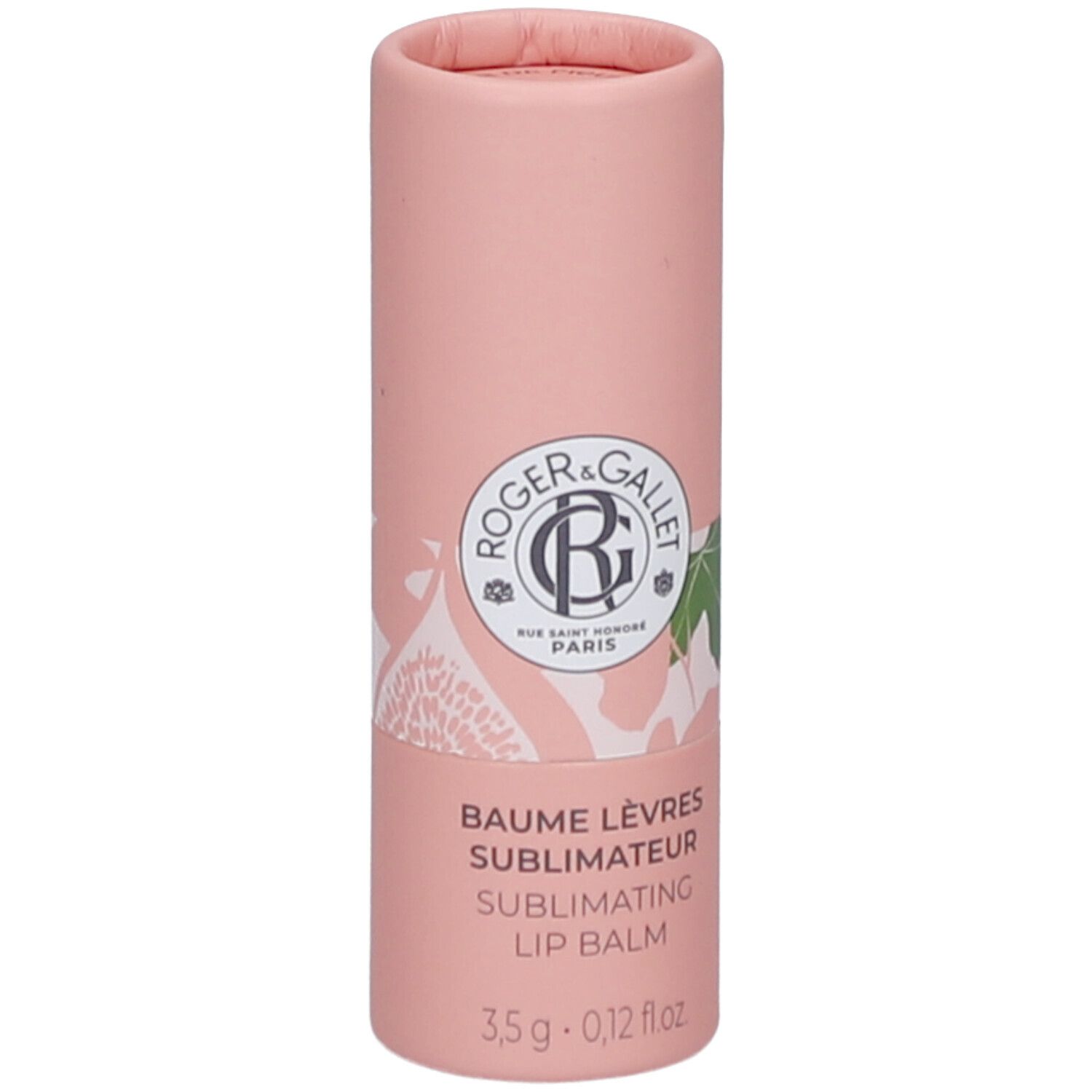 Rosa zylindrische Verpackung. Logo und Schriftzug: ROGER & GALLET. Produktname: BAUME LÈVRES SUBLIMATEUR. 3,5 g.