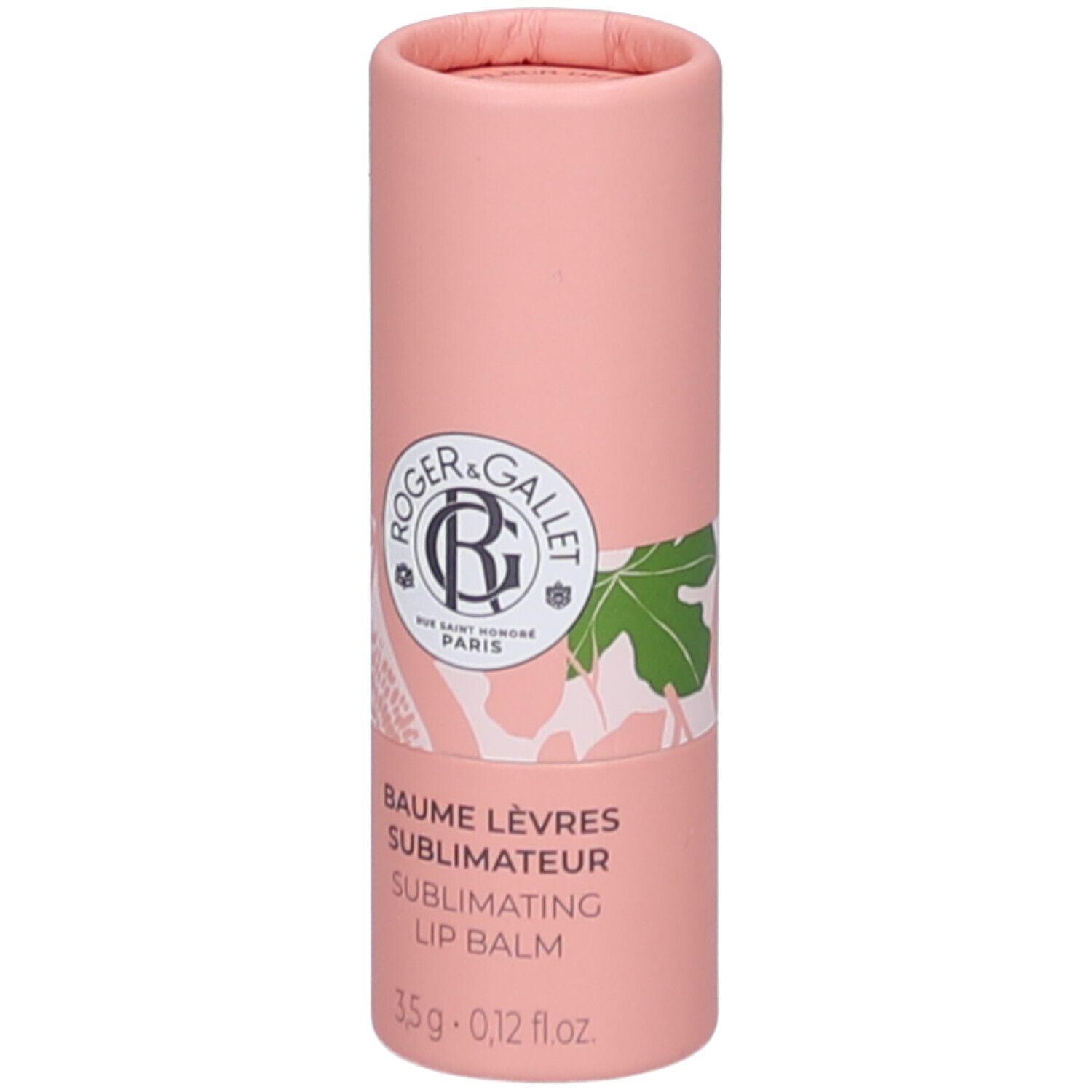 Rosa zylindrische Verpackung. Logo und Schriftzug: ROGER & GALLET. Produktname: BAUME LÈVRES SUBLIMATEUR. 3,5 g.