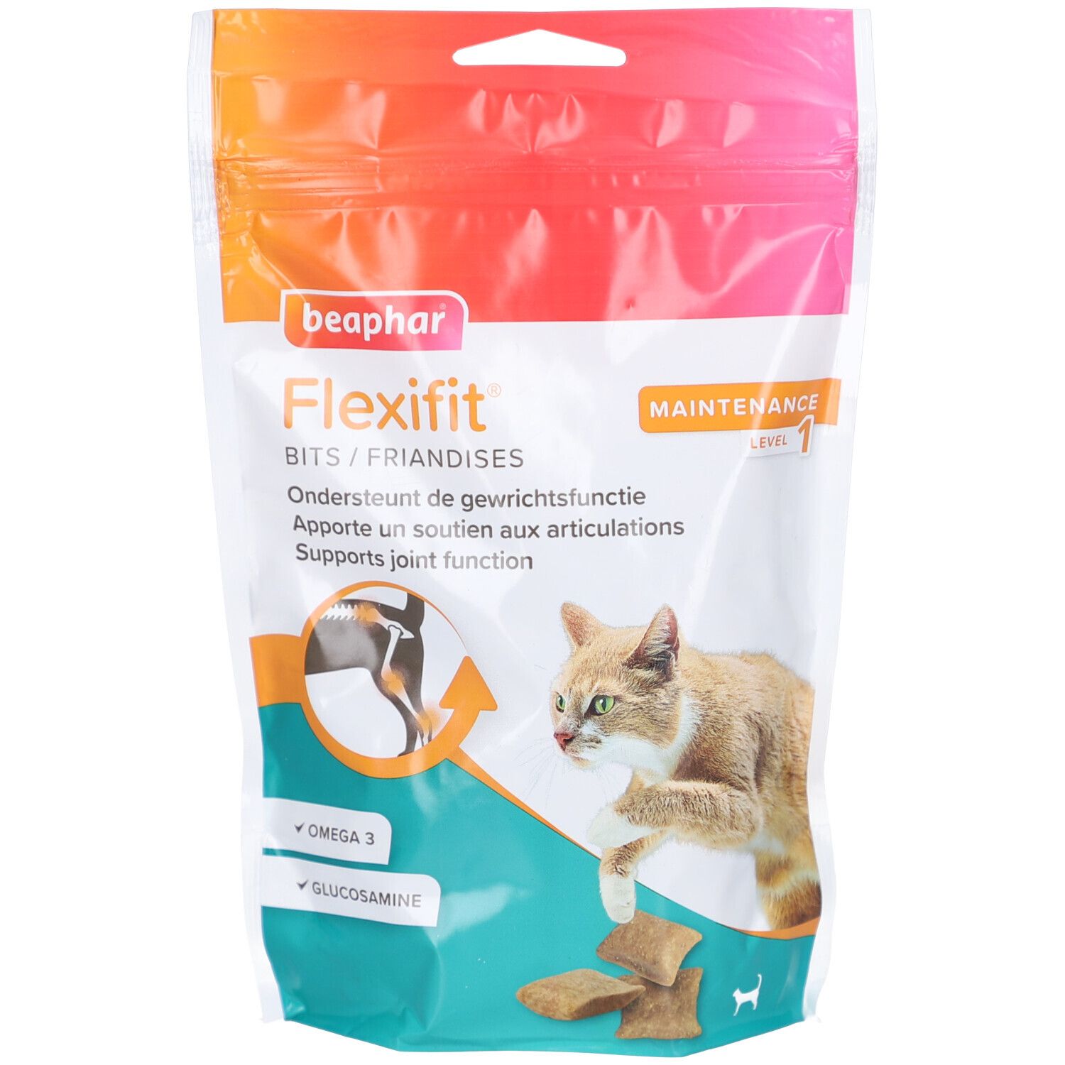 Beutel mit Beaphar Flexifit Friandises Chat. Enthält Omega 3 und Glucosamin. Abbildung einer Katze und Produktstückchen.