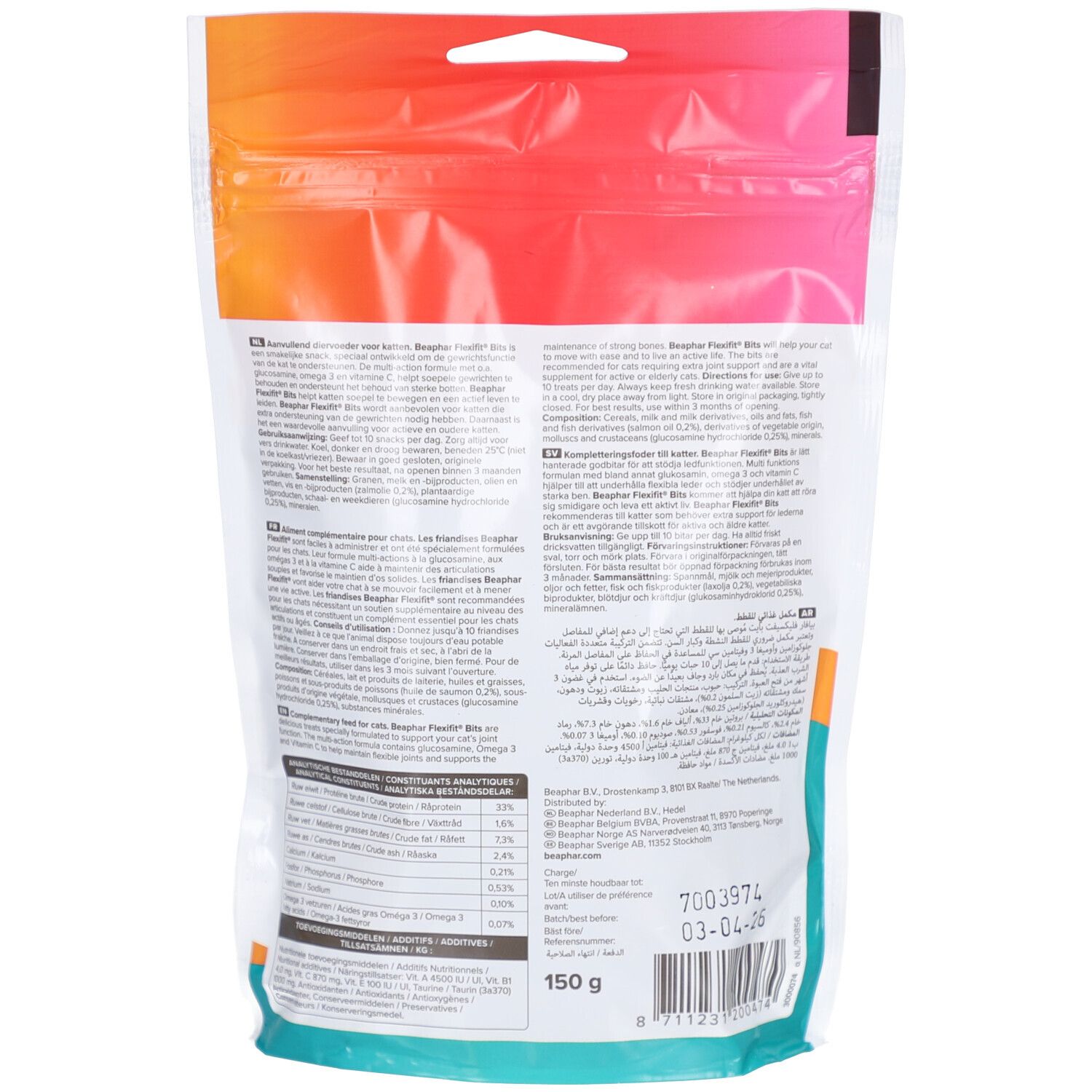 Rückseite der Beaphar Flexifit Friandises Chat Verpackung. Enthält Text in mehreren Sprachen und Nährwertangaben.