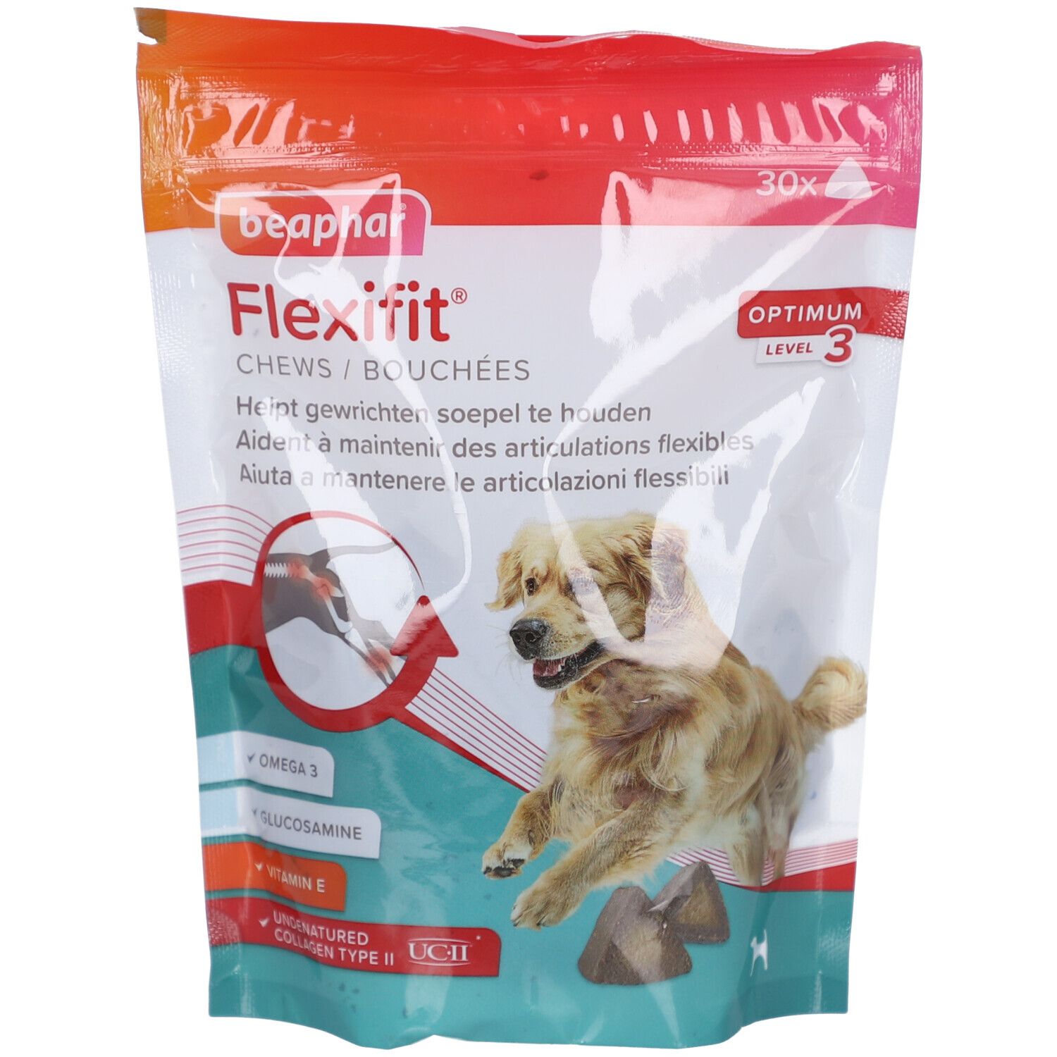 Beutel mit Flexifit® Bouchées Chien. Hund mit Produkt abgebildet. Enthält Omega 3, Glucosamin, Vitamin E und UCII.