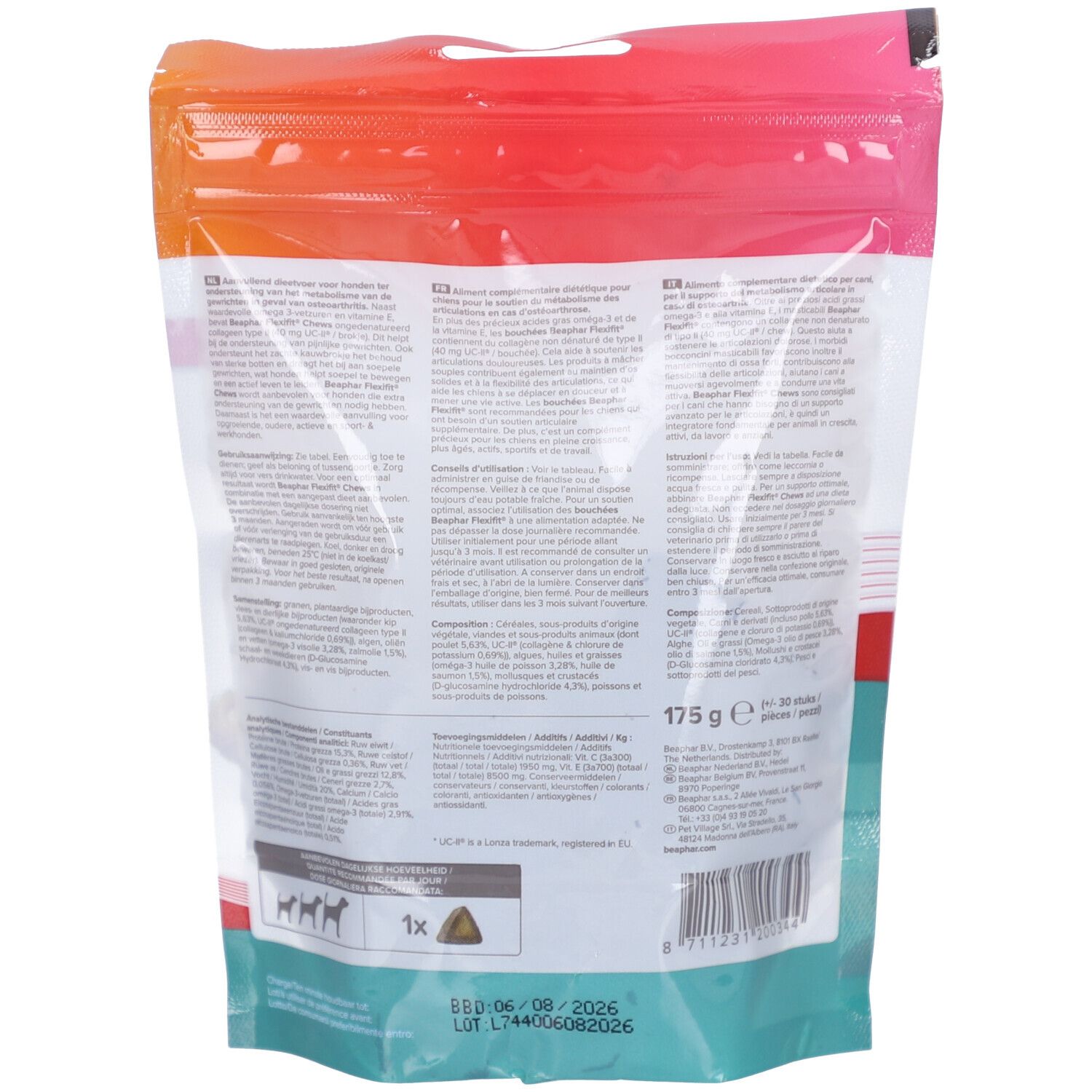 Rückseite der Flexifit® Bouchées Chien Verpackung. Text in mehreren Sprachen. Enthält 175g und Mindesthaltbarkeitsdatum.