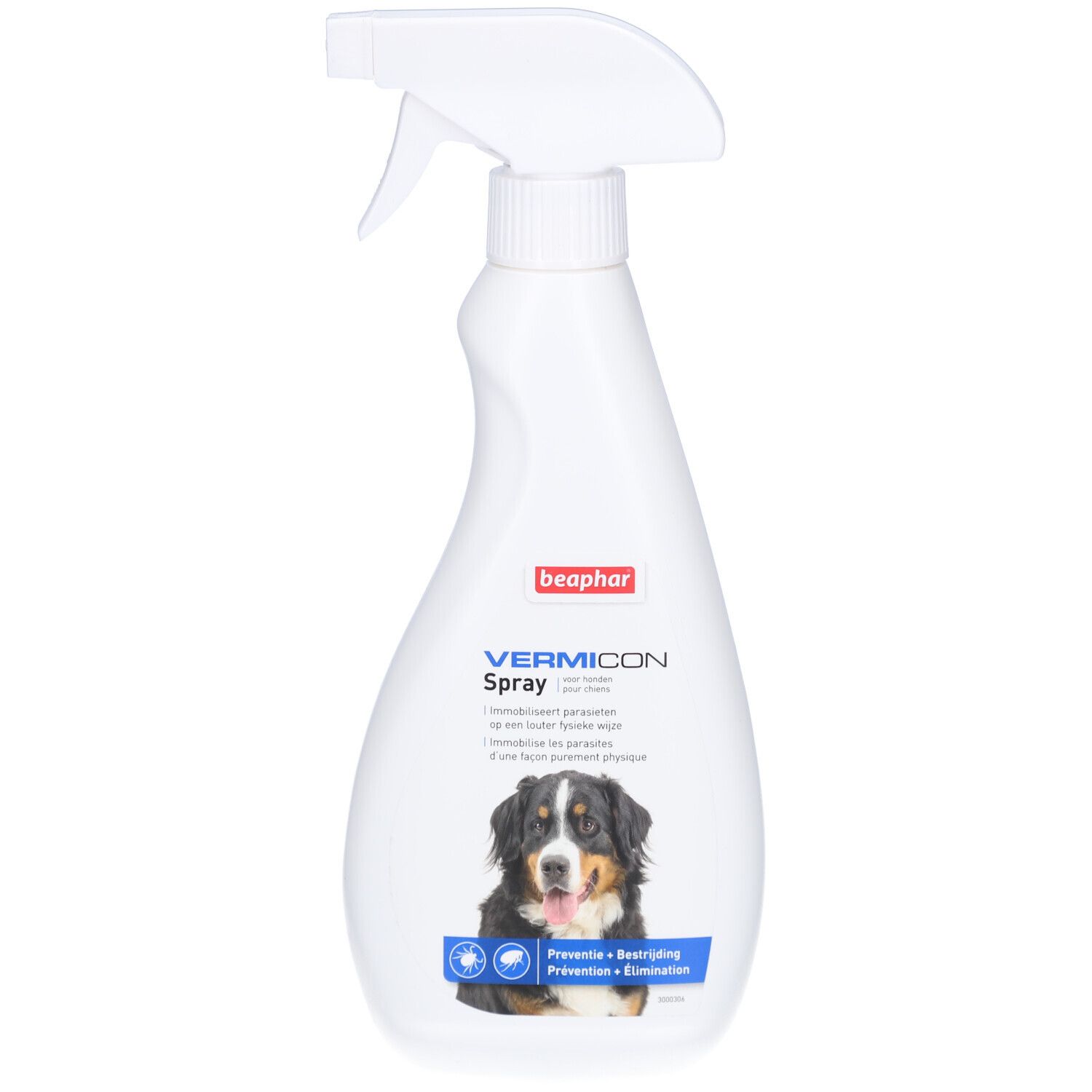 Weiße Sprühflasche mit Beaphar Vermicon Spray-Etikett. Abbildung eines Hundes. Text: Bekämpft Parasiten.