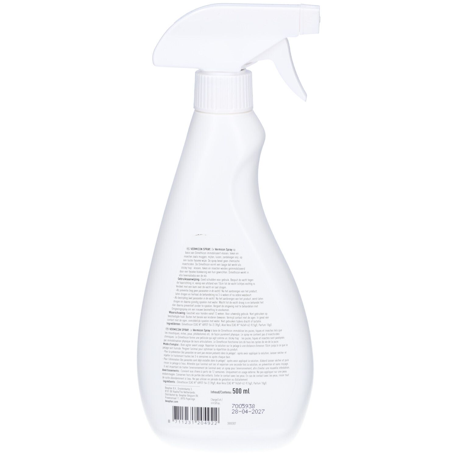 Rückseite einer weißen Sprühflasche. Textinformationen und Barcode. Volumen: 500 ml.