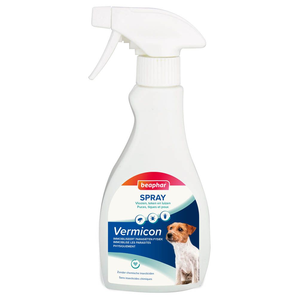Flacon spray blanc avec tête de pulvérisation. Inscription "beaphar SPRAY VERMICON". Image d'un chien. Logos bleus.