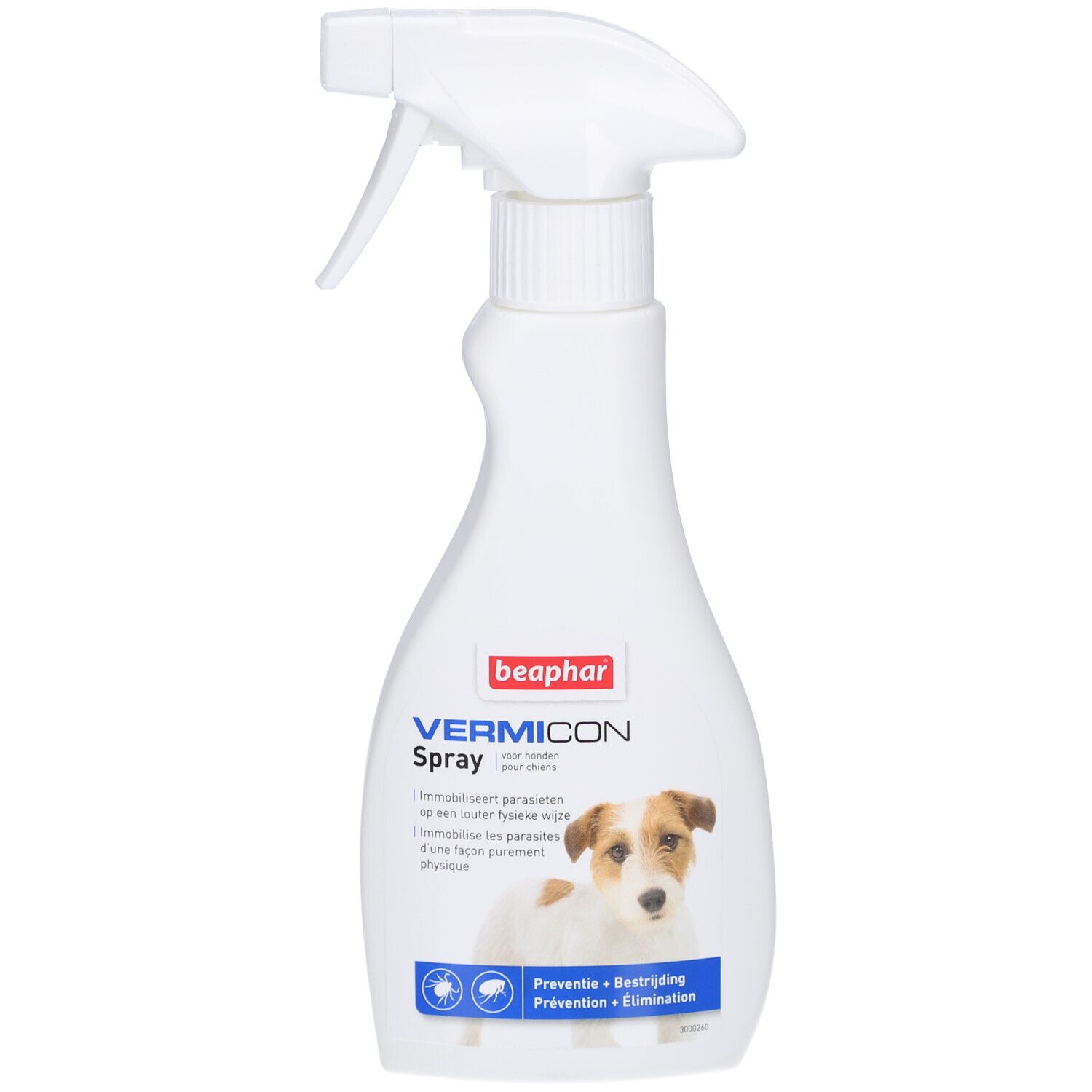 Weiße Sprühflasche mit Produktnamen und Hund. Text: Vermicon Spray, Beaphar. Abbildung eines Hundes.