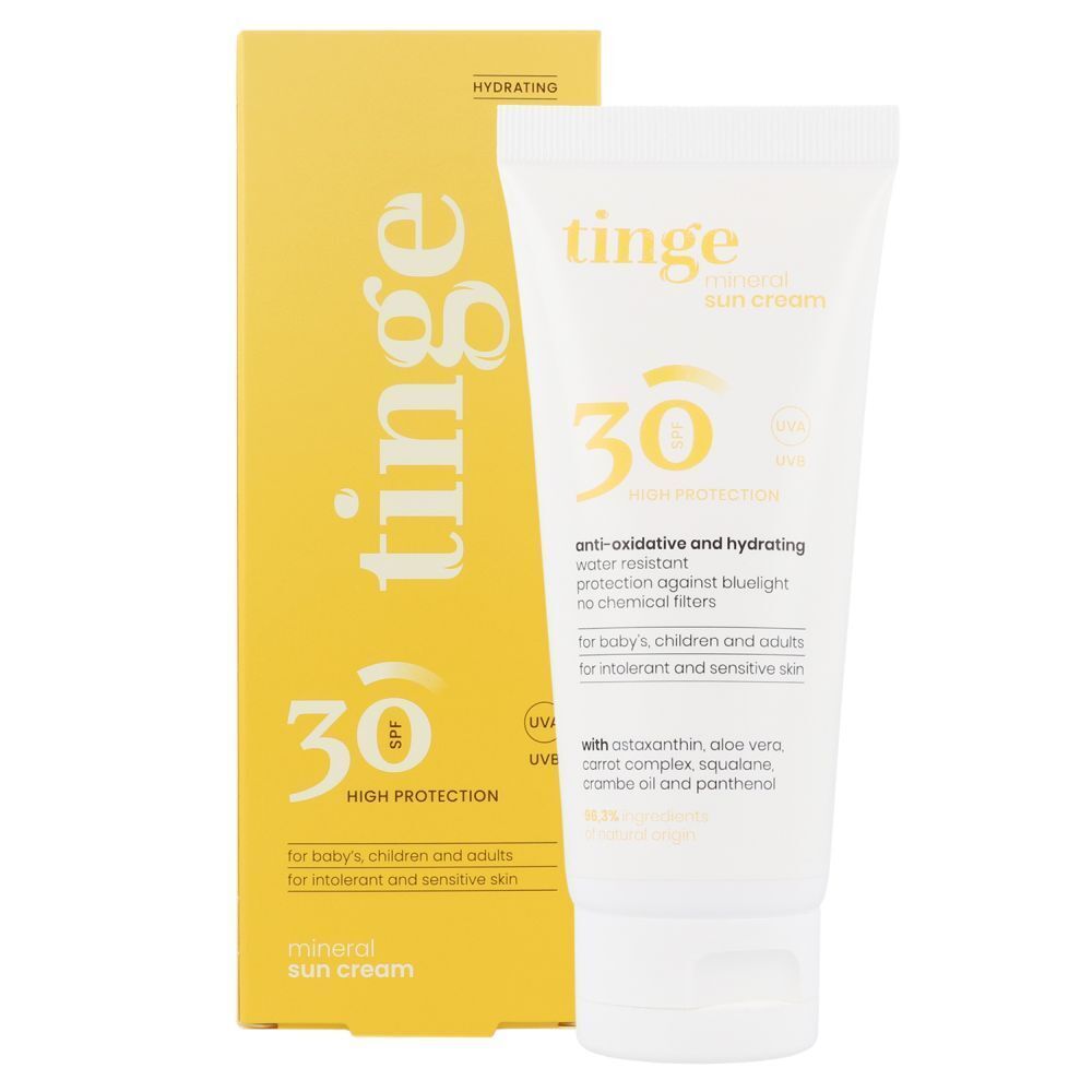 Tube Tinge Crème Solaire Minérale SPF30 avec bouchon à clapet.
