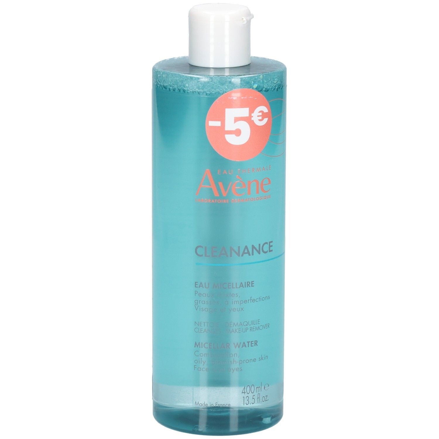 Eau micellaire Avène Cleanance avec autocollant promotionnel.