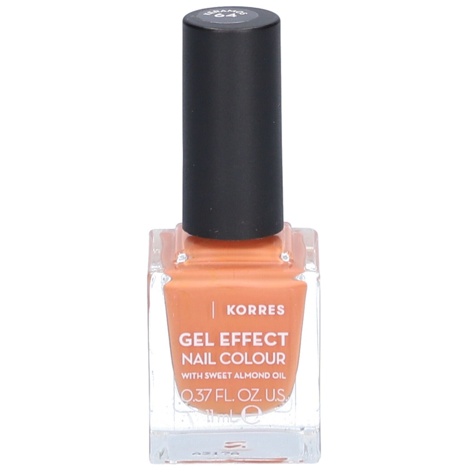 Korres Nagellack, Keramos 64. Eckige Glasflasche mit schwarzem Deckel. Orangefarbener Nagellack. Text: Gel Effect Nail Colour.