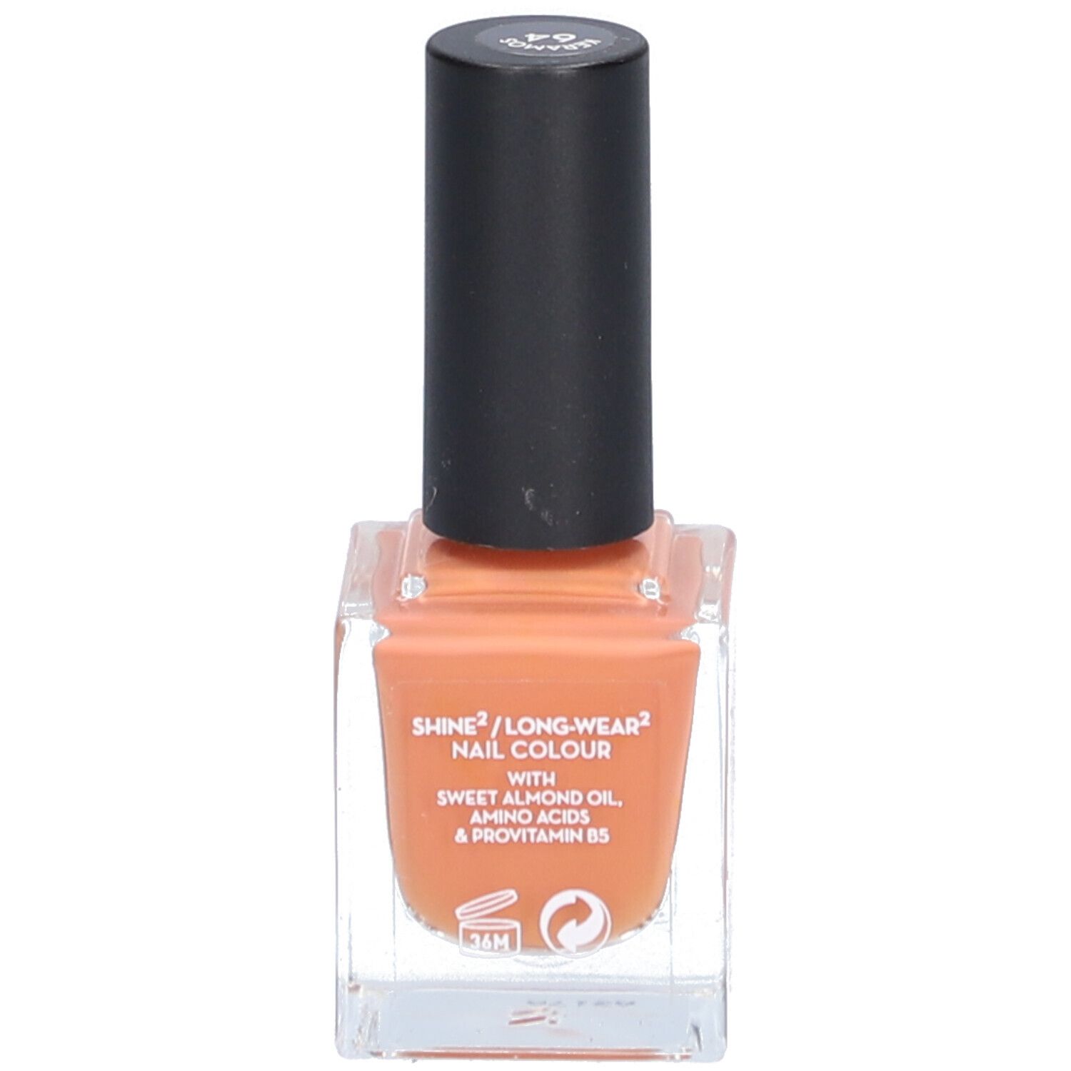 Korres Nagellack, Keramos 64. Eckige Glasflasche mit schwarzem Deckel. Orangefarbener Nagellack. Text: Shine²/Long-wear² Nail Colour.
