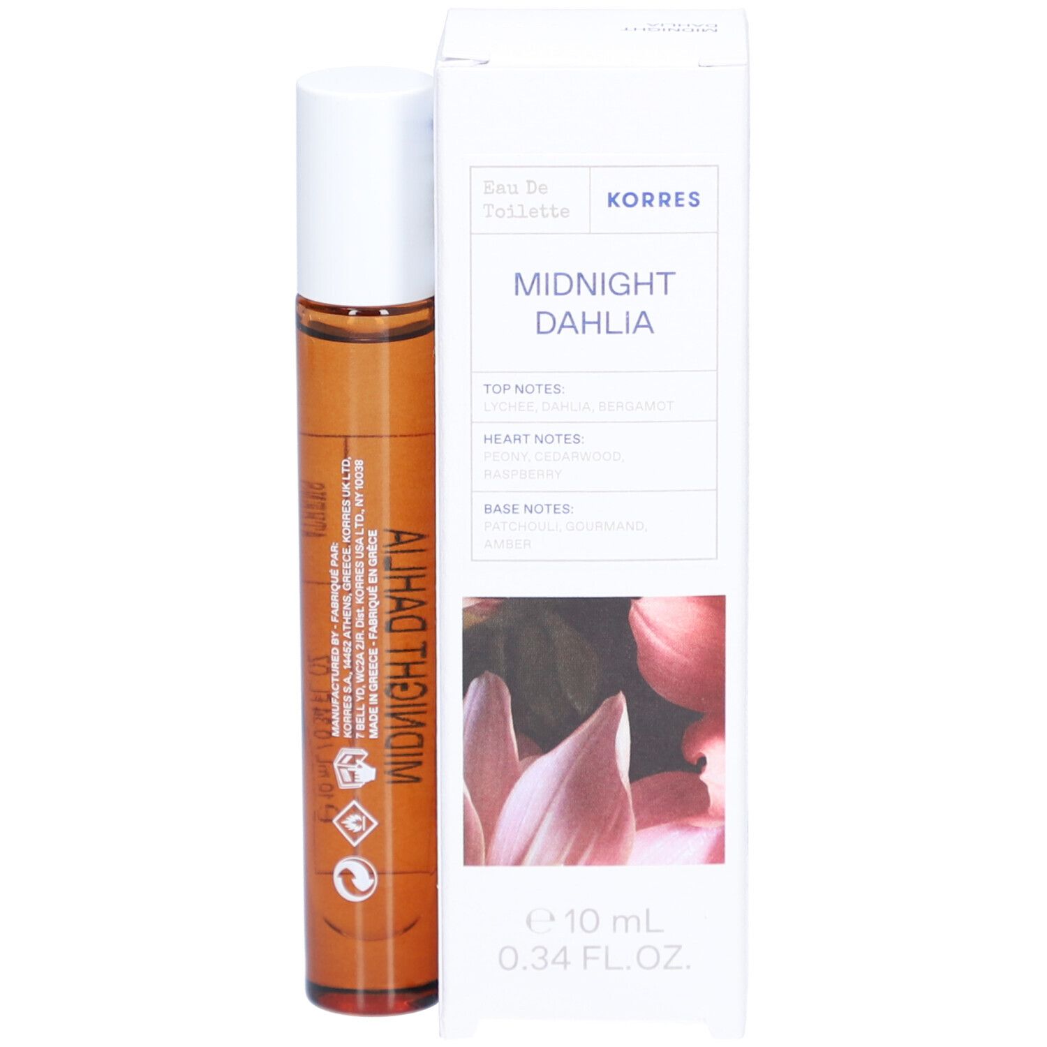 Korres Eau de Toilette Midnight Dahlia. Flacon en verre brun avec applicateur roll-on et bouchon blanc. Emballage blanc avec informations produit.