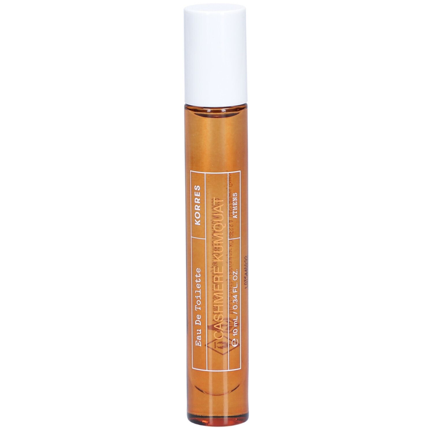 Roll-on-Flakon mit weißem Deckel. Aufschrift: Korres, Cashmere Kumquat, Eau de Toilette.