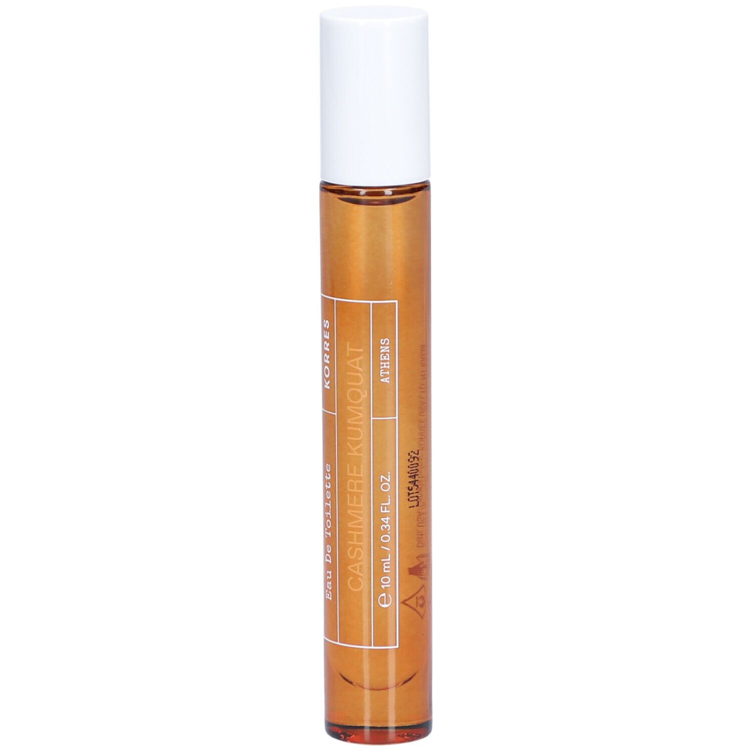 Roll-on-Flakon mit weißem Deckel. Aufschrift: Korres, Cashmere Kumquat, Eau de Toilette.