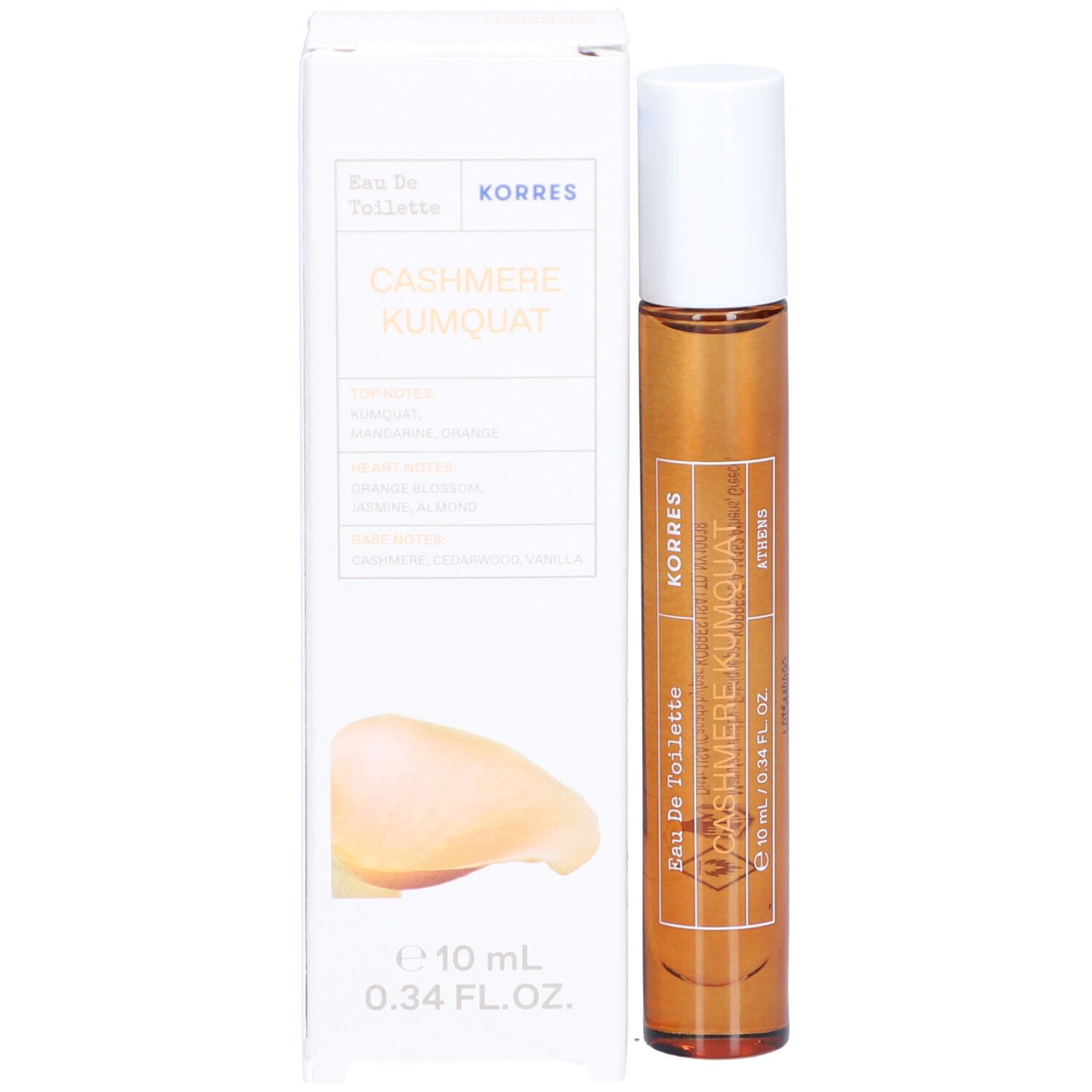 Produkt und Verpackung. Roll-on-Flakon und Schachtel. Aufschrift: Korres, Cashmere Kumquat, Eau de Toilette.