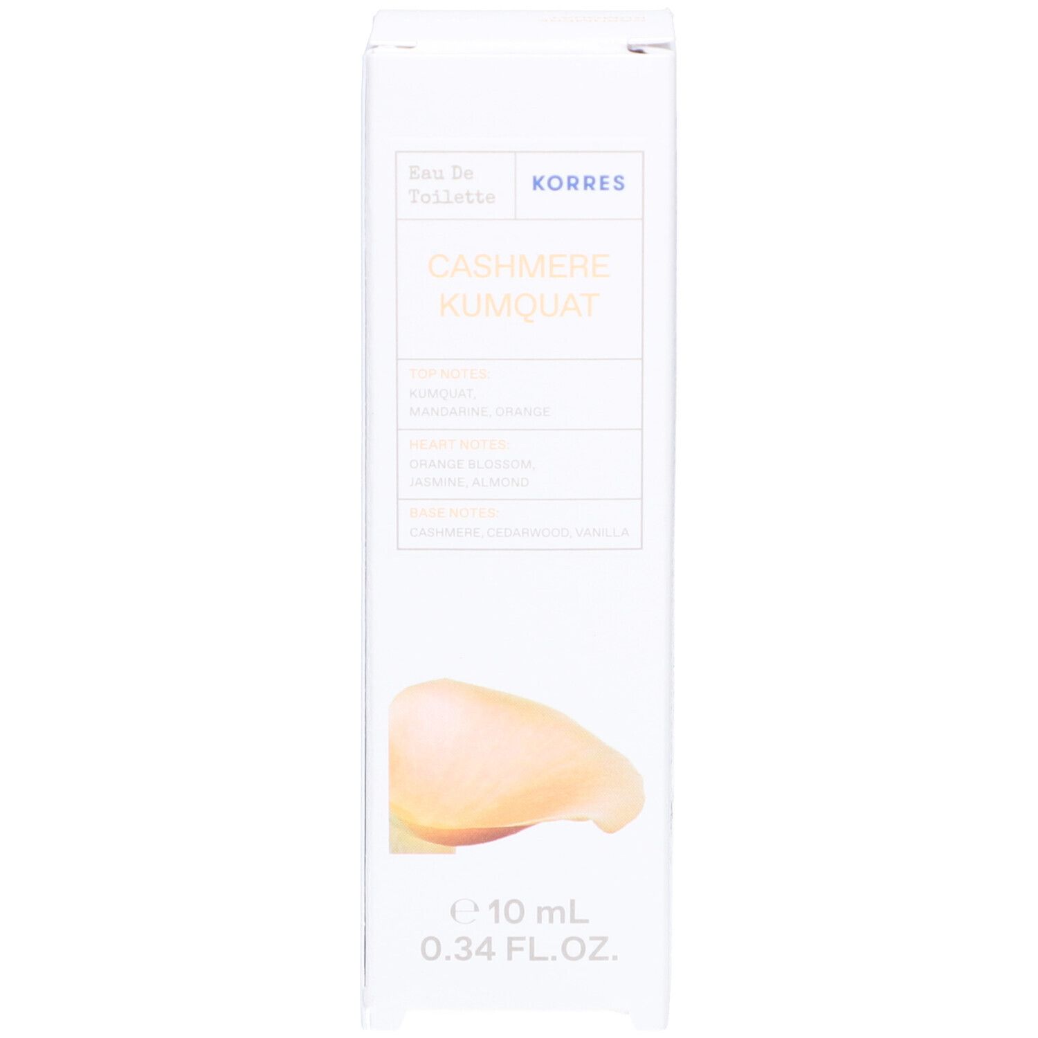 Schachtel mit Aufschrift: Korres, Cashmere Kumquat, Eau de Toilette. Abbildung: Frucht.