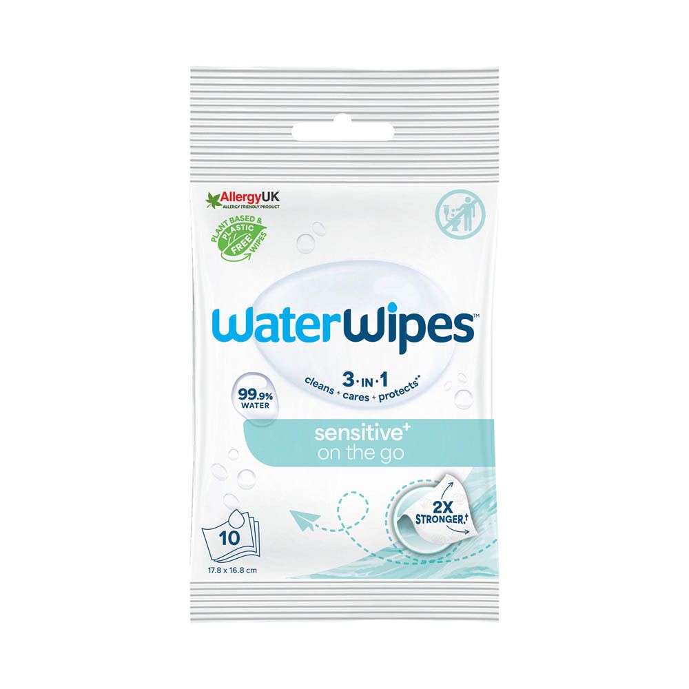 Kleine Packung WaterWipes Feuchttücher, weiß mit blauem Logo. Aufschrift: 99,9% Wasser, sensitive on the go. 10 Stück.