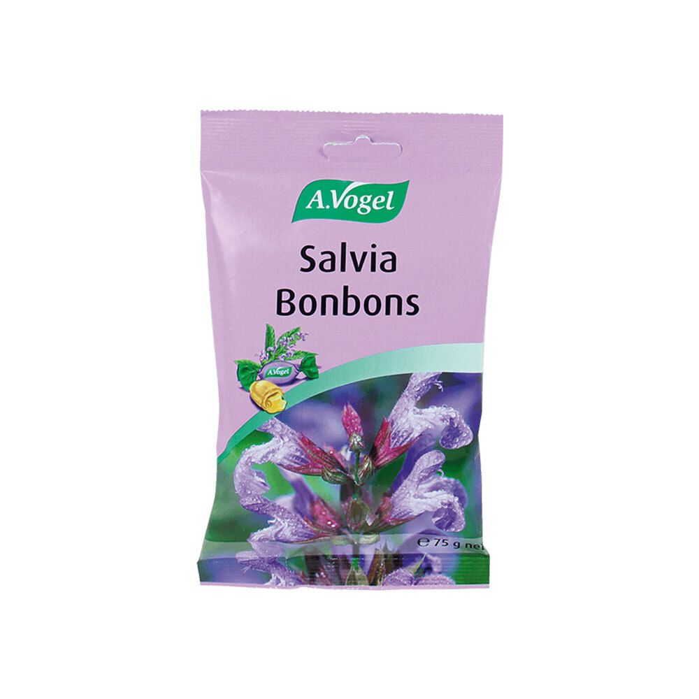 Verpackung mit Salvia Bonbons. Lila Beutel mit Produktnamen und Logo. Abbildung von Salbeiblüten und Bonbons.
