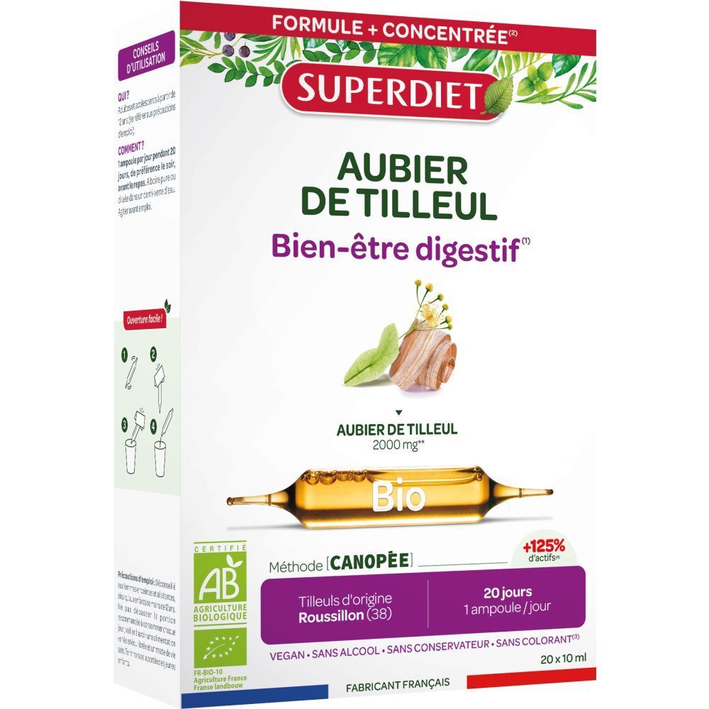 Boîte Superdiet Aubier de Tilleul. Ampoules. Ingrédients naturels. Certification Bio. Bien-être digestif.