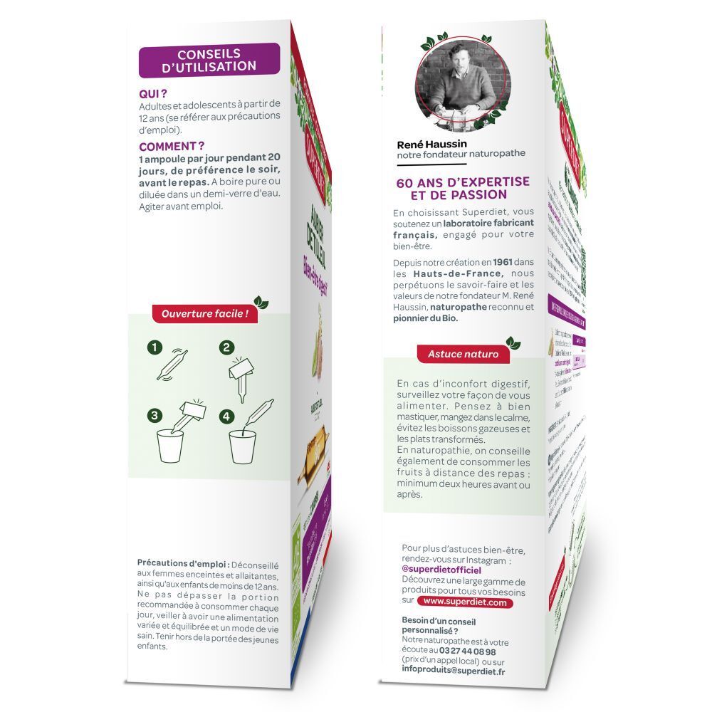 Côtés de la boîte avec conseils d'utilisation et informations de contact. Texte en français.