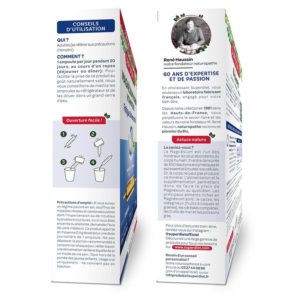 Côté de la boîte Superdiet avec conseils d'utilisation et informations sur le fabricant René Haussin.