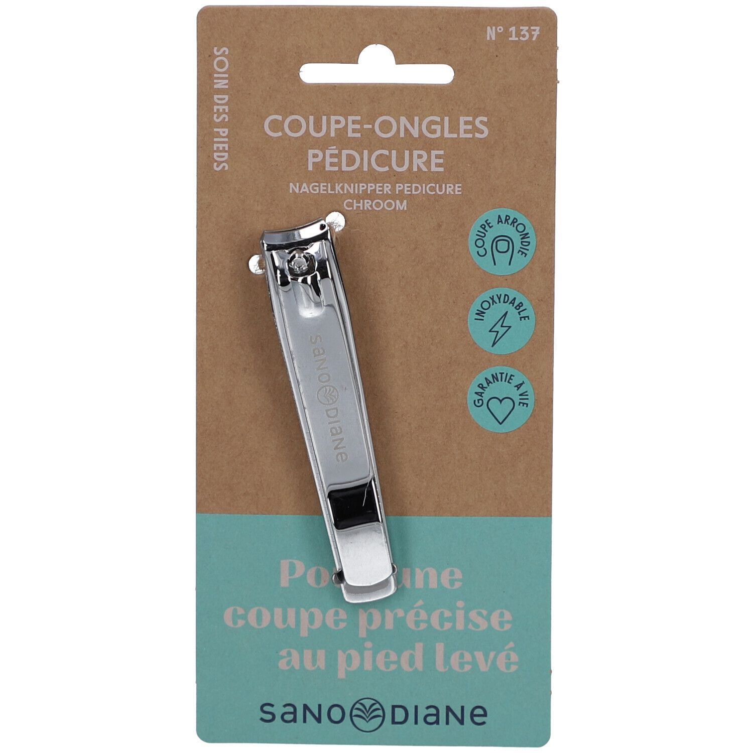 Nagelknipser Pediküre, verchromt, auf Pappkarte. Marke Sanodiane. Text: Coupe-ongles pédicure, soin des pieds.