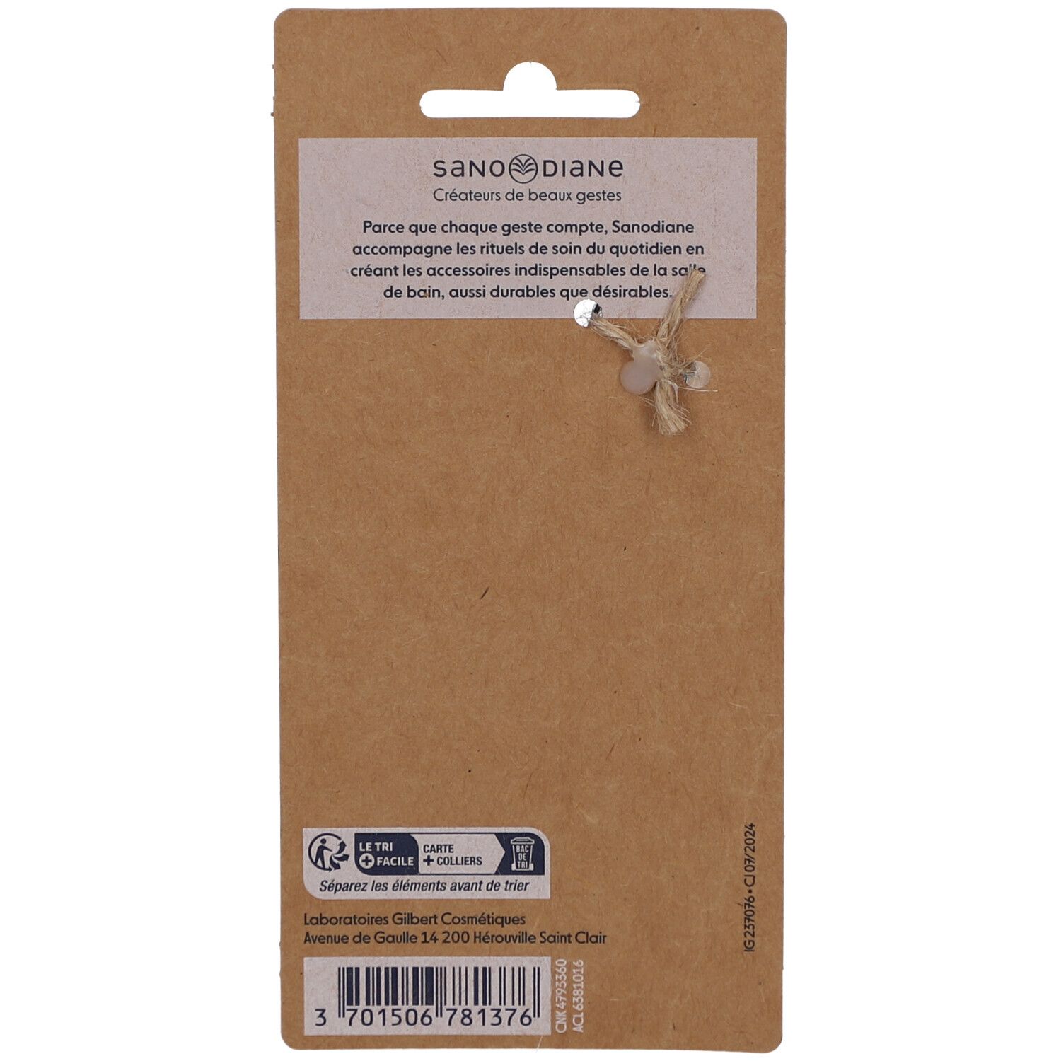 Rückseite der Produktverpackung. Text: Sanodiane, Créateurs de beaux gestes. Informationen und Barcode.