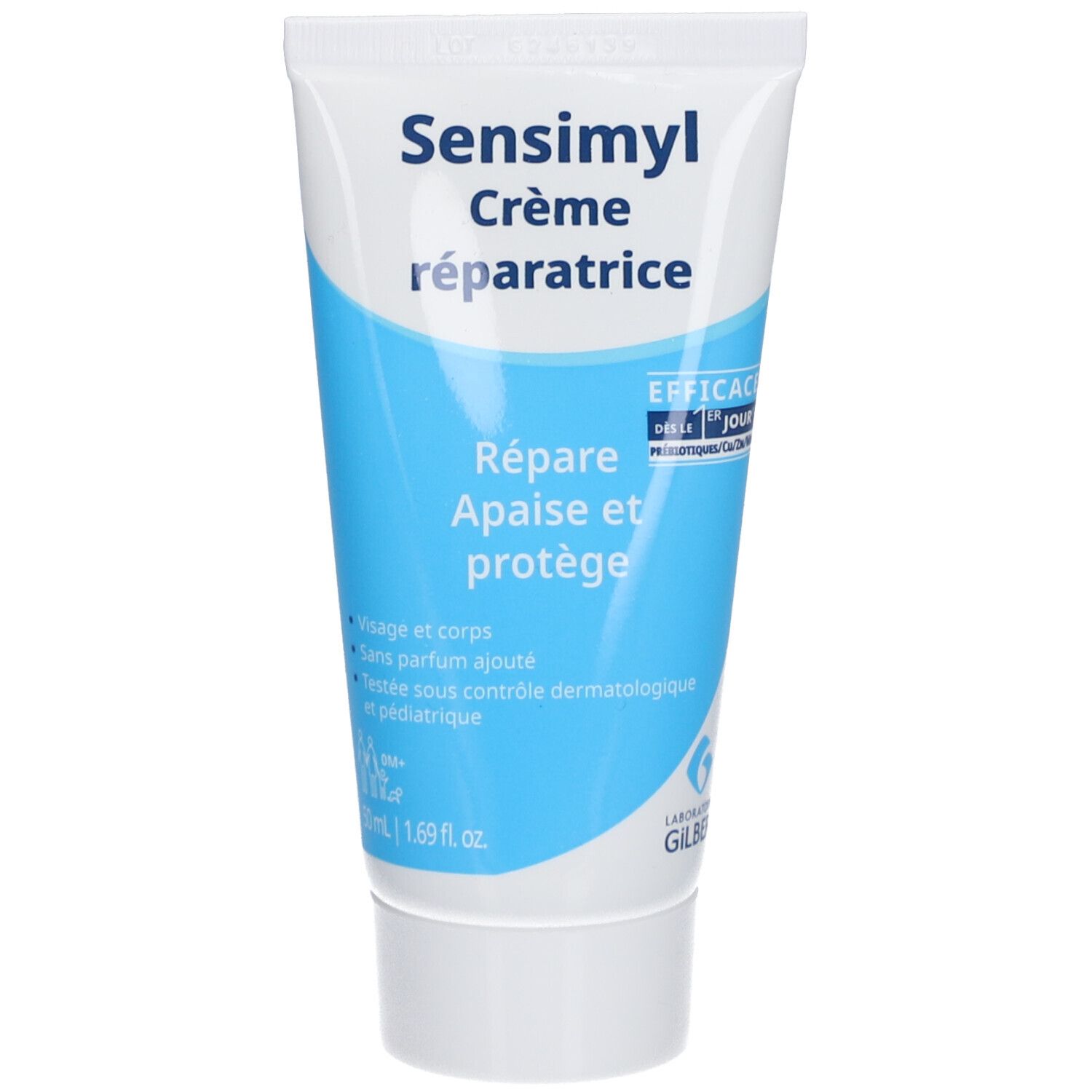 Sensimyl Creme in einer Tube. Blaue und weiße Farbgebung. Text: Crème réparatrice, Repare Apaise et protège. 1.69 fl. oz.