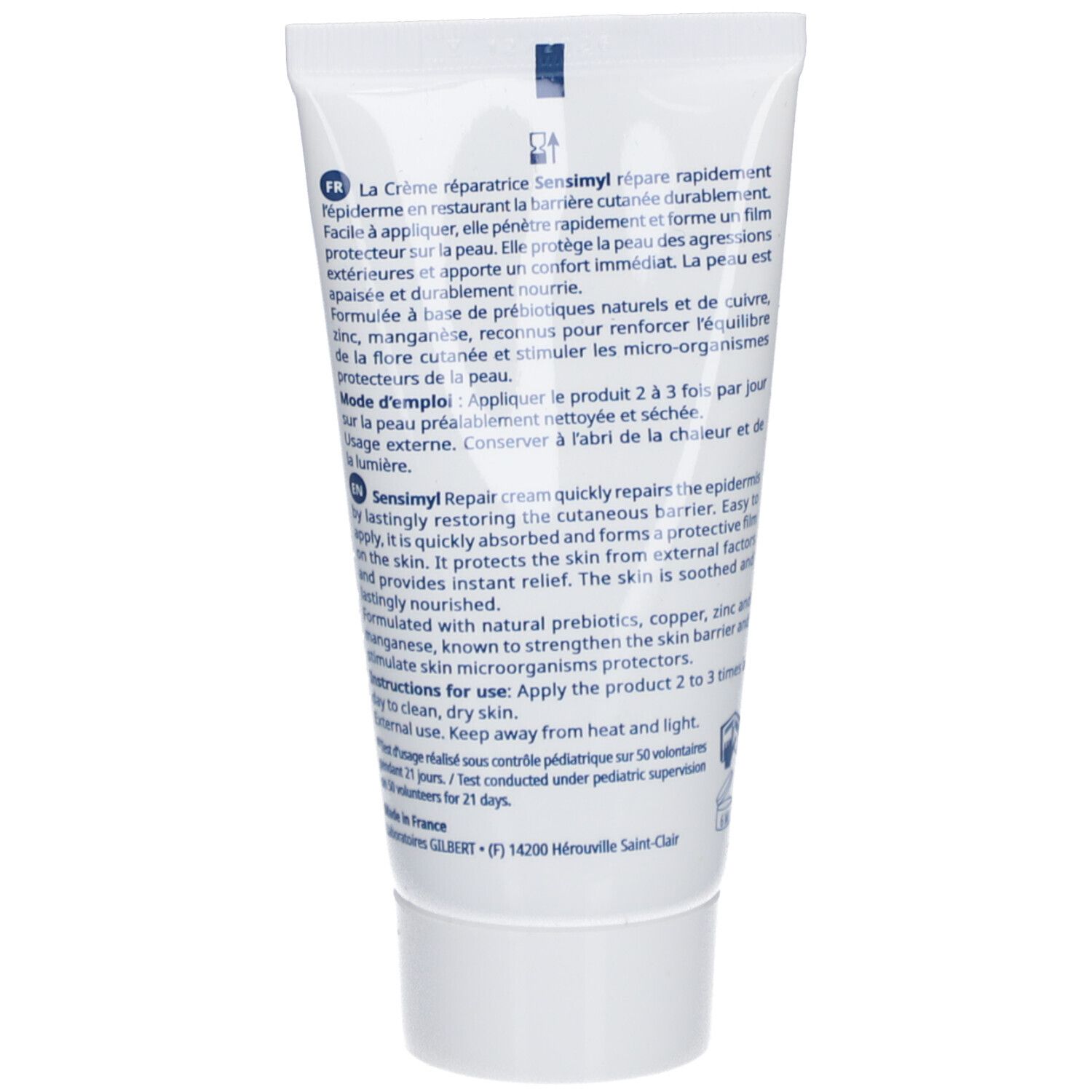 Rückseite der Sensimyl Creme-Tube. Text in Französisch und Englisch. Enthält Informationen zu Inhaltsstoffen und Anwendung.
