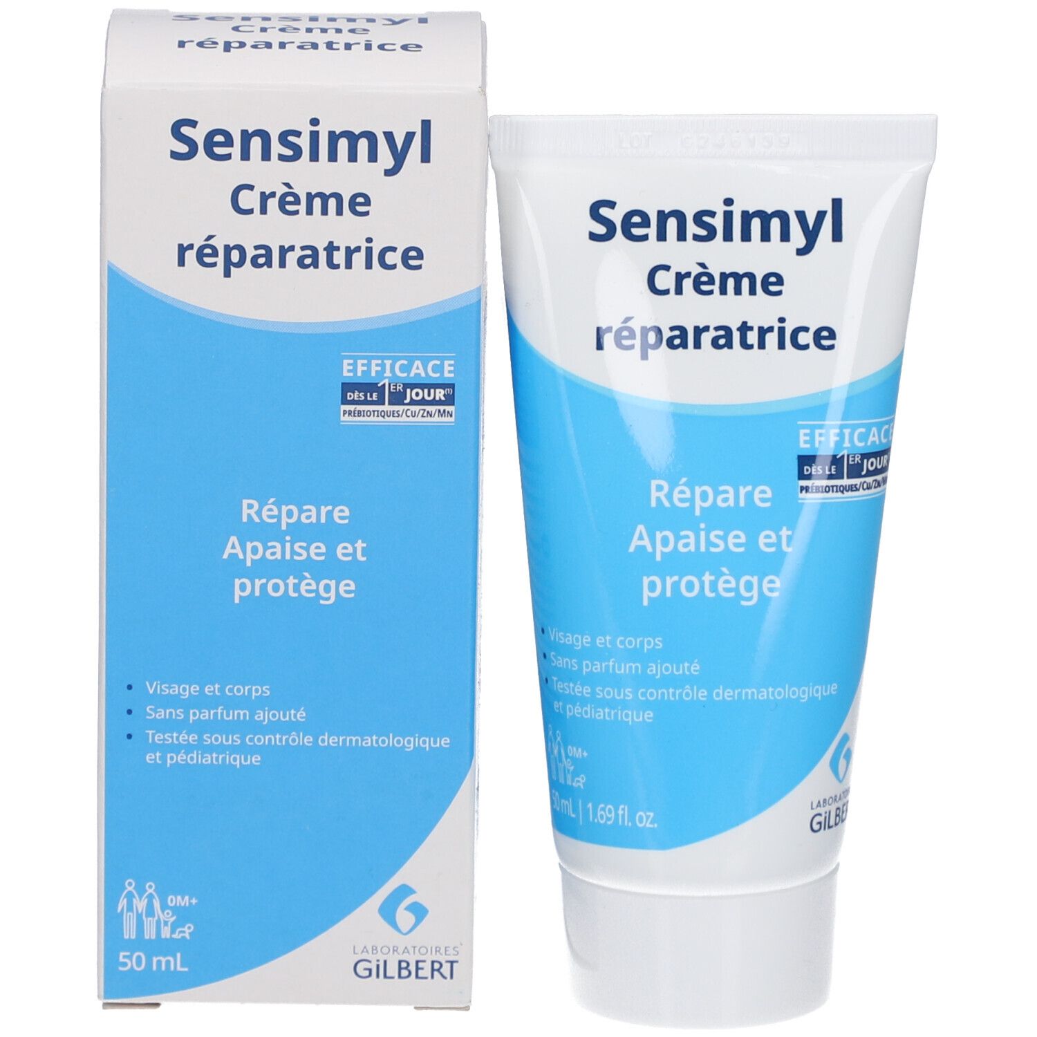 Sensimyl Creme-Packung und Tube. Beide zeigen das Produkt und die Marke. Blaue und weiße Farbgebung. 50 ml.