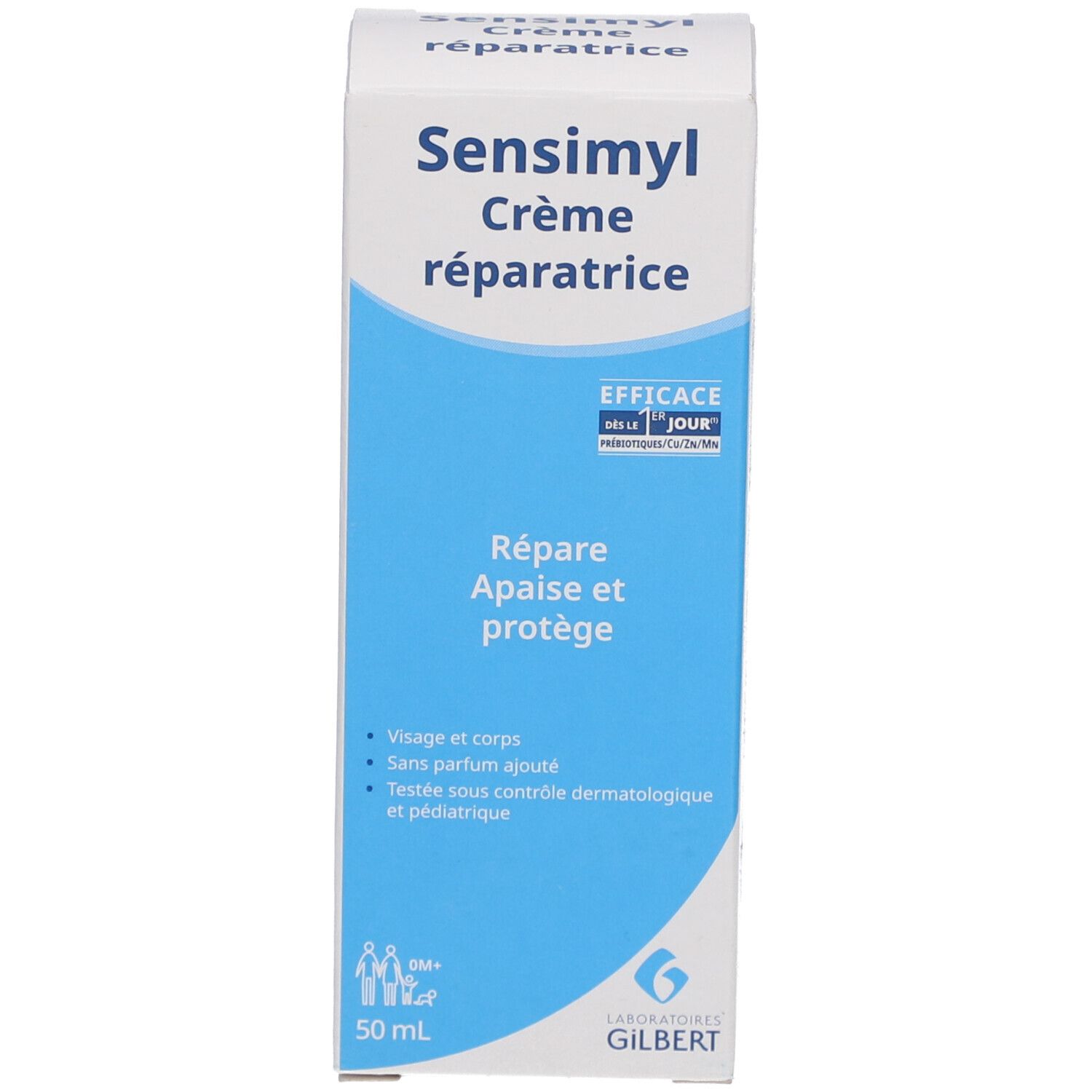 Sensimyl Creme-Packung. Blaue und weiße Farbgebung. Text: Sensimyl Crème réparatrice, Répare Apaise et protège. 50 ml.