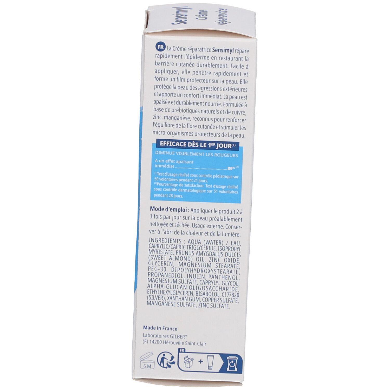 Rückseite der Sensimyl Creme-Packung. Text in Französisch. Enthält Informationen zu Inhaltsstoffen und Anwendung.