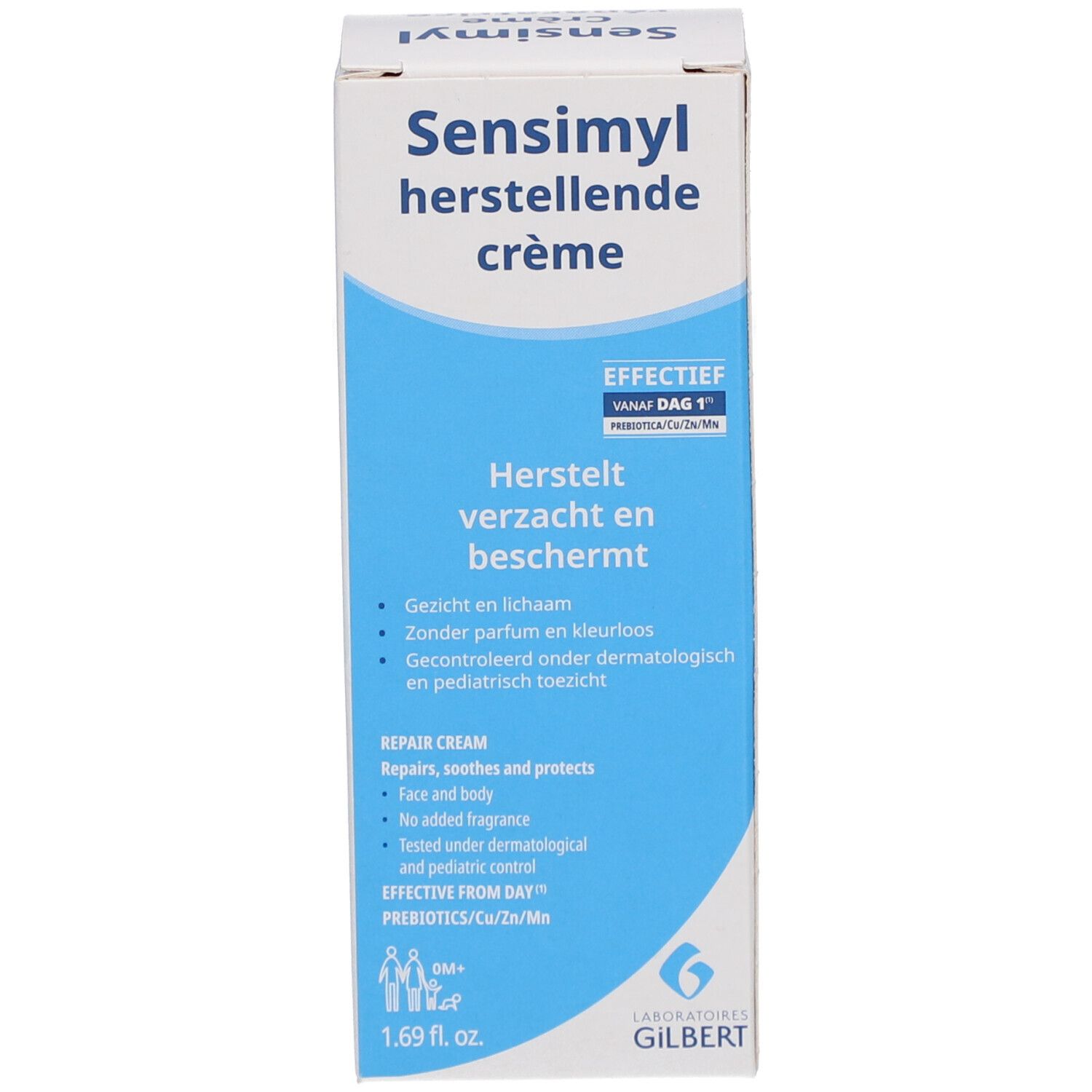 Sensimyl herstellende crème Packung. Blaue und weiße Farbgebung. Text: Herstelt verzacht en beschermt. 1.69 fl. oz.