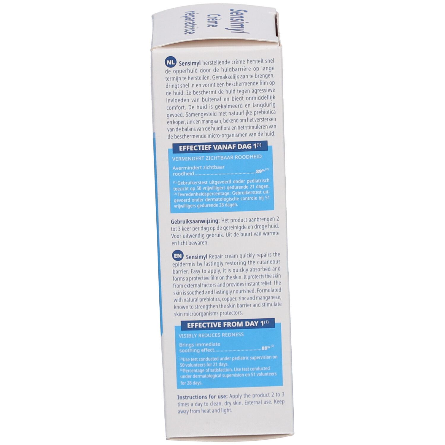 Rückseite der Sensimyl herstellende crème Packung. Text in Niederländisch und Englisch. Enthält Informationen zu Inhaltsstoffen und Anwendung.