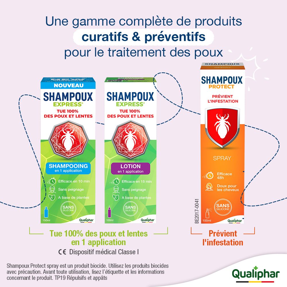 Boîte de Shampoux Express Lotion. Inscription: Tue 100% des poux et lentes. Lotion en 1 application. Design vert, blanc et rose.