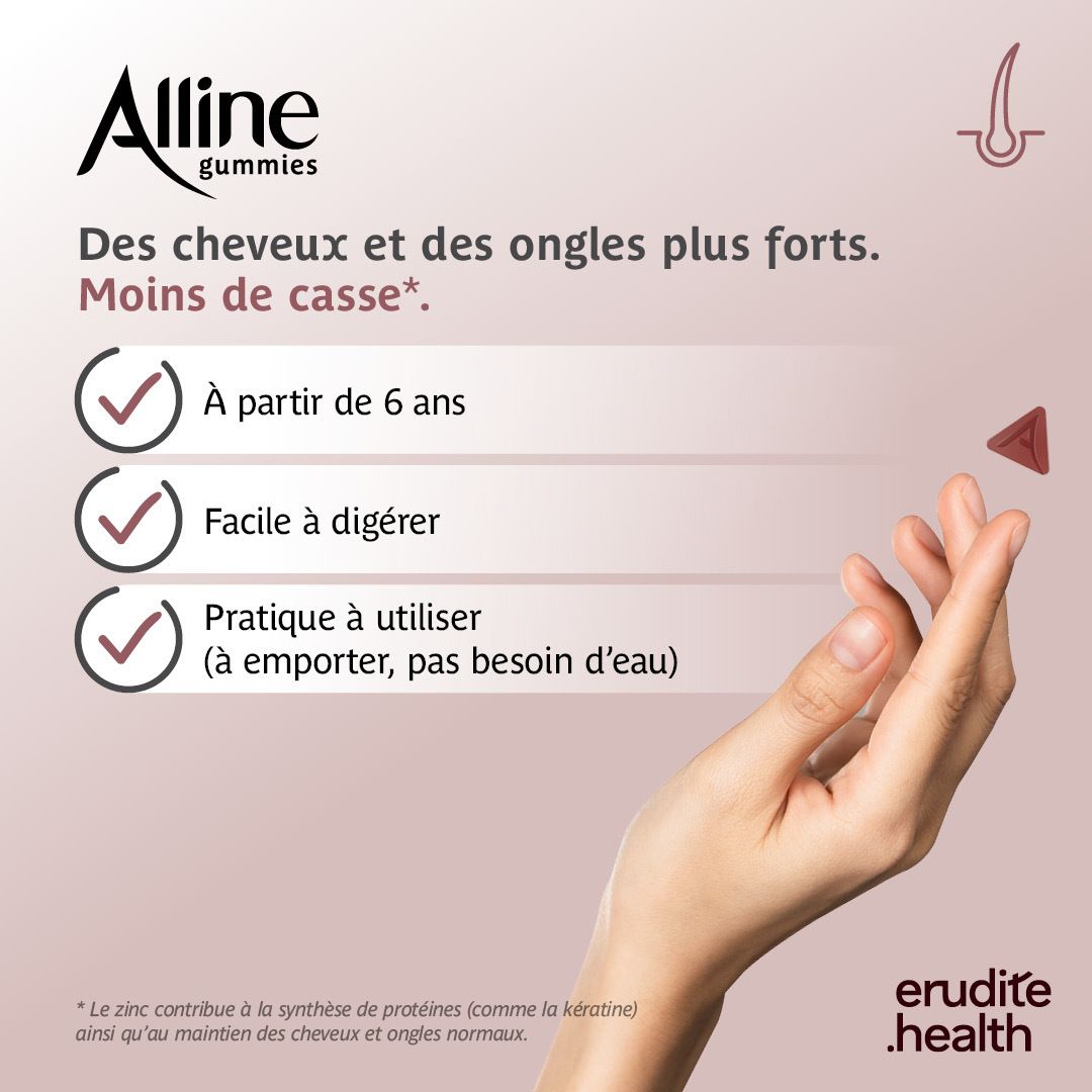 Flacon d'Alline Gummies Pure Kératine saveur fraise, sans sucre.