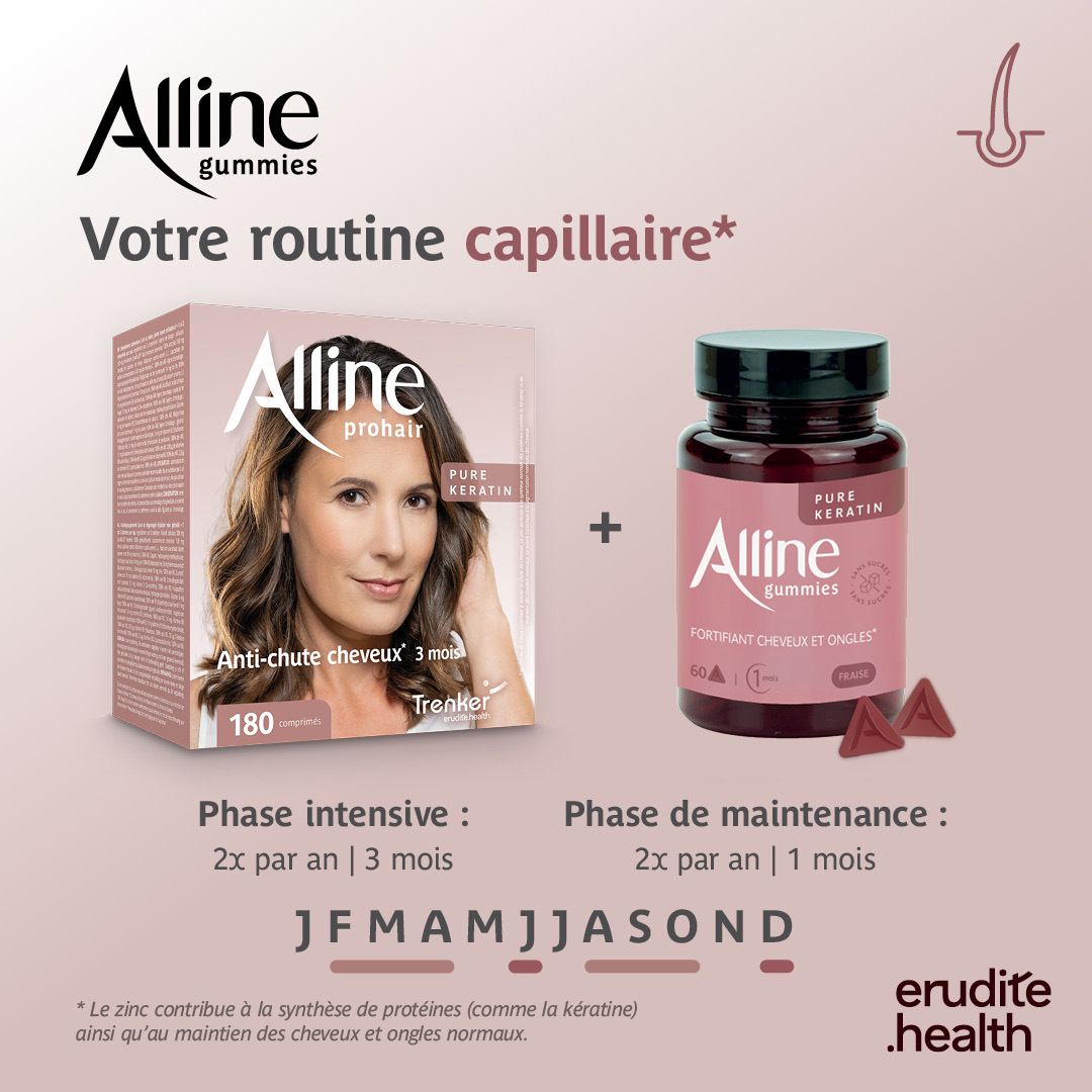 Flacon d'Alline Gummies Pure Kératine, 60 pièces, pour cheveux et ongles.