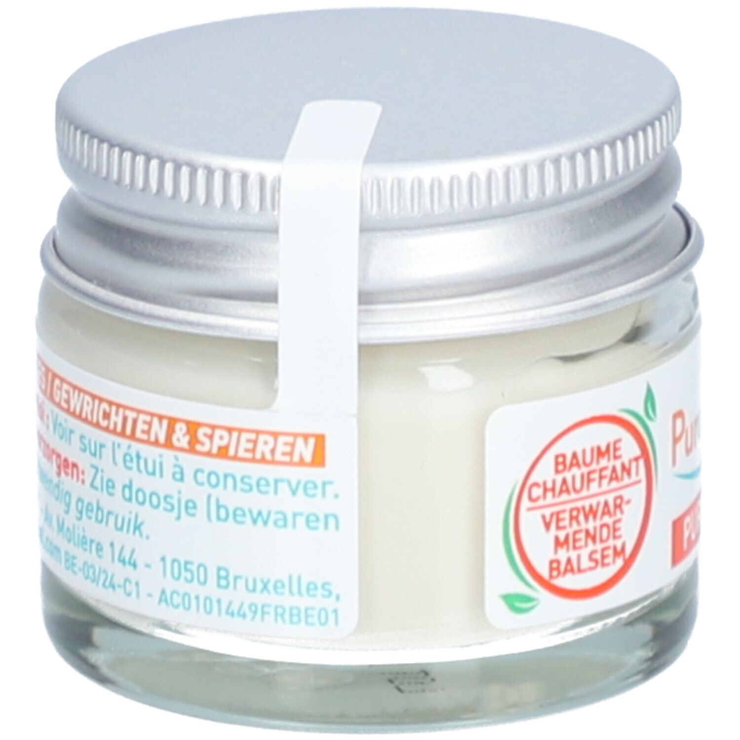 Glas mit silbernem Deckel. Etikett mit Text und Logo. Text: Baume Chauffant. Aufkleber mit Text.