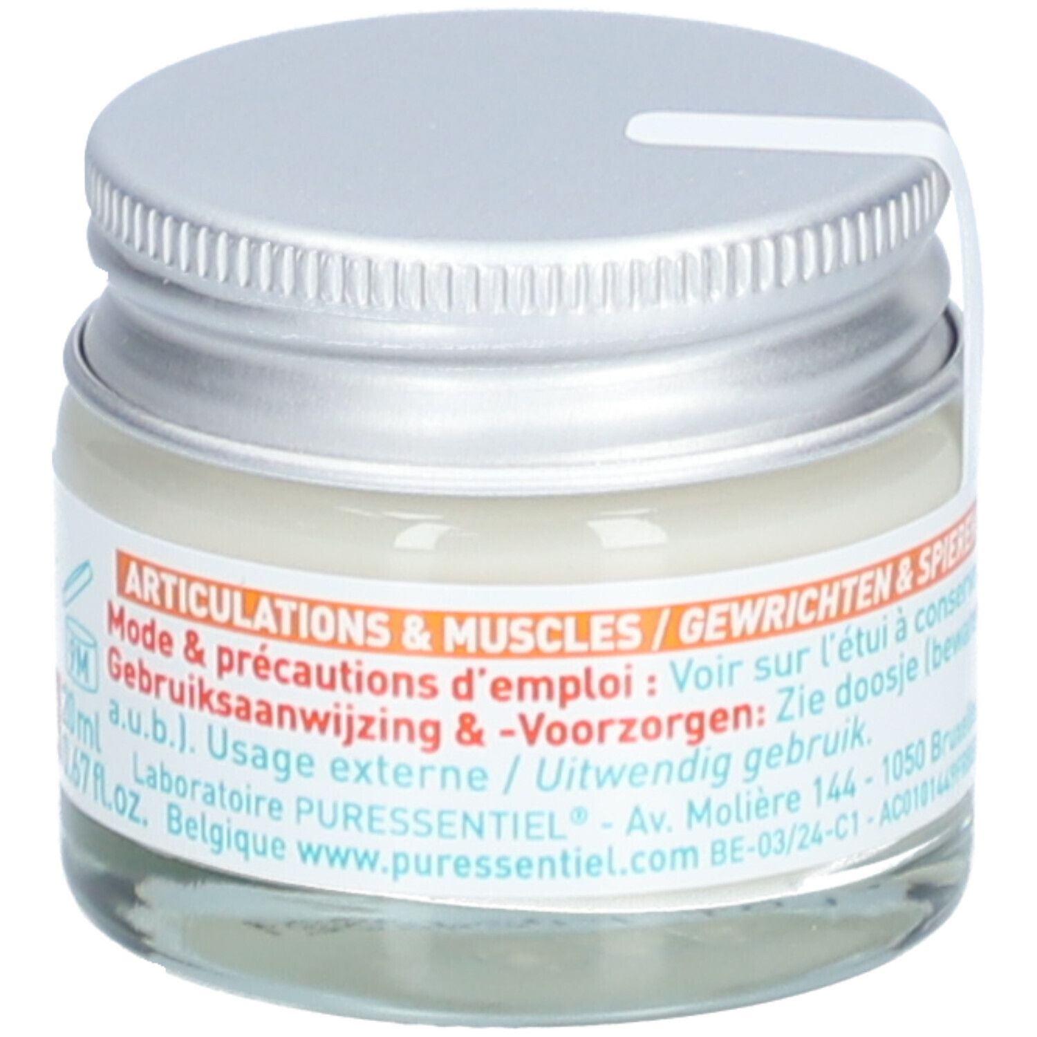 Glas mit silbernem Deckel. Etikett mit Text. Text: Articulations & Muscles. Aufkleber mit Text.