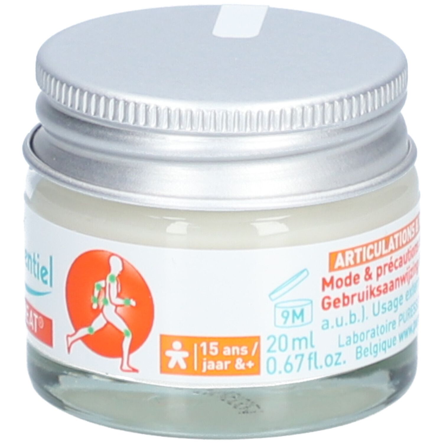 Glas mit silbernem Deckel. Etikett mit Text und Logo. Text: Articulations & Muscles. 20ml. 15 Jahre+.