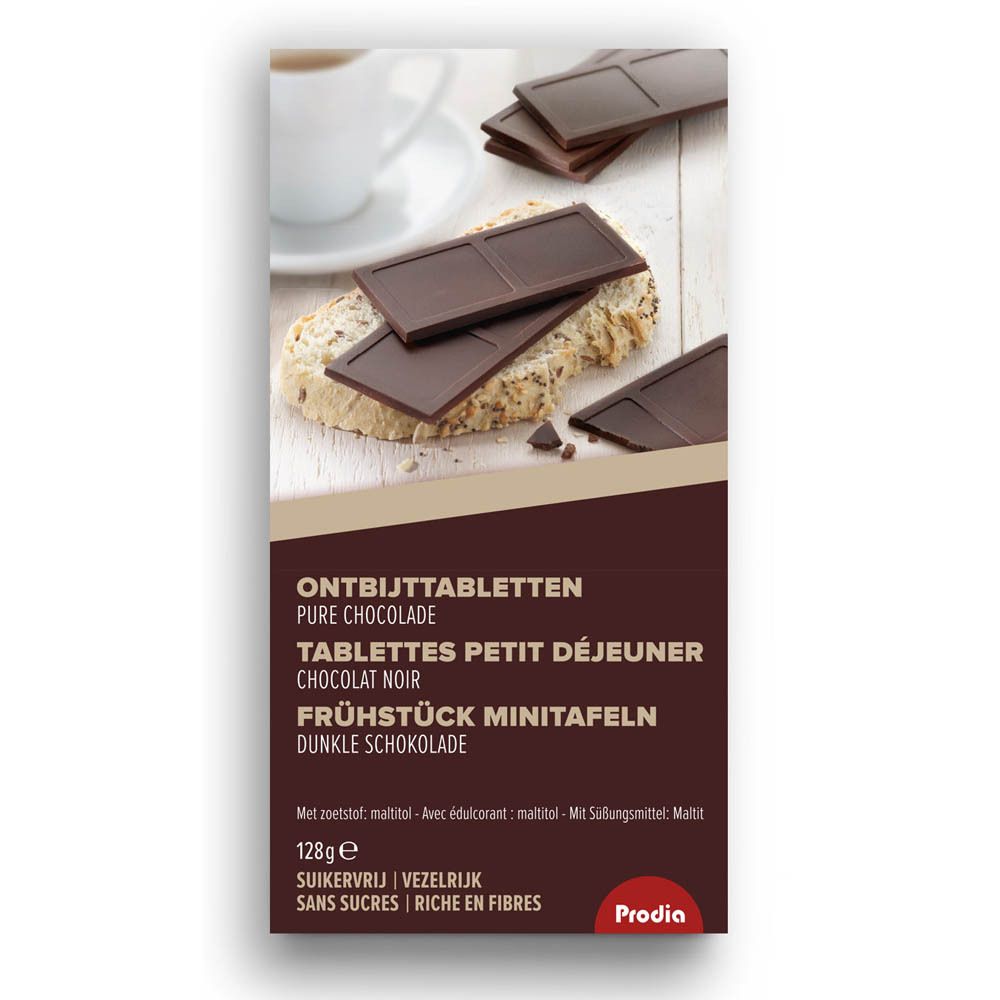 Boîte de tablettes de chocolat. Texte : Ontbijttabletten, Tablettes Petit Déjeuner, Frühstück Minitafeln. Marque : Prodia. Chocolat noir, sans sucre, riche en fibres.