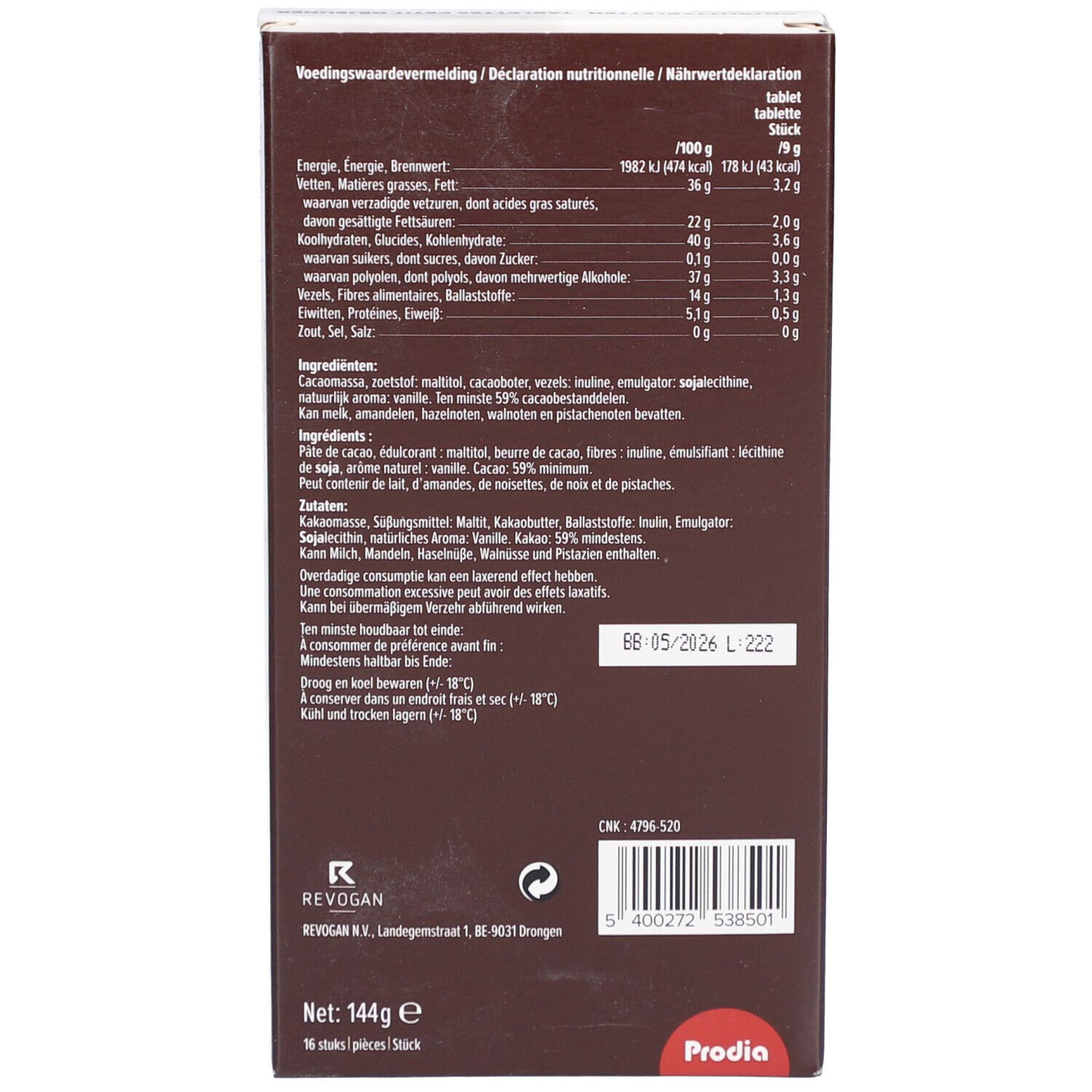 Rückseite der Schachtel mit Nährwertangaben und Zutaten. Text: Voedingswaardevermelding, Déclaration nutritionnelle, Nährwertdeklaration. Marke: Prodia.