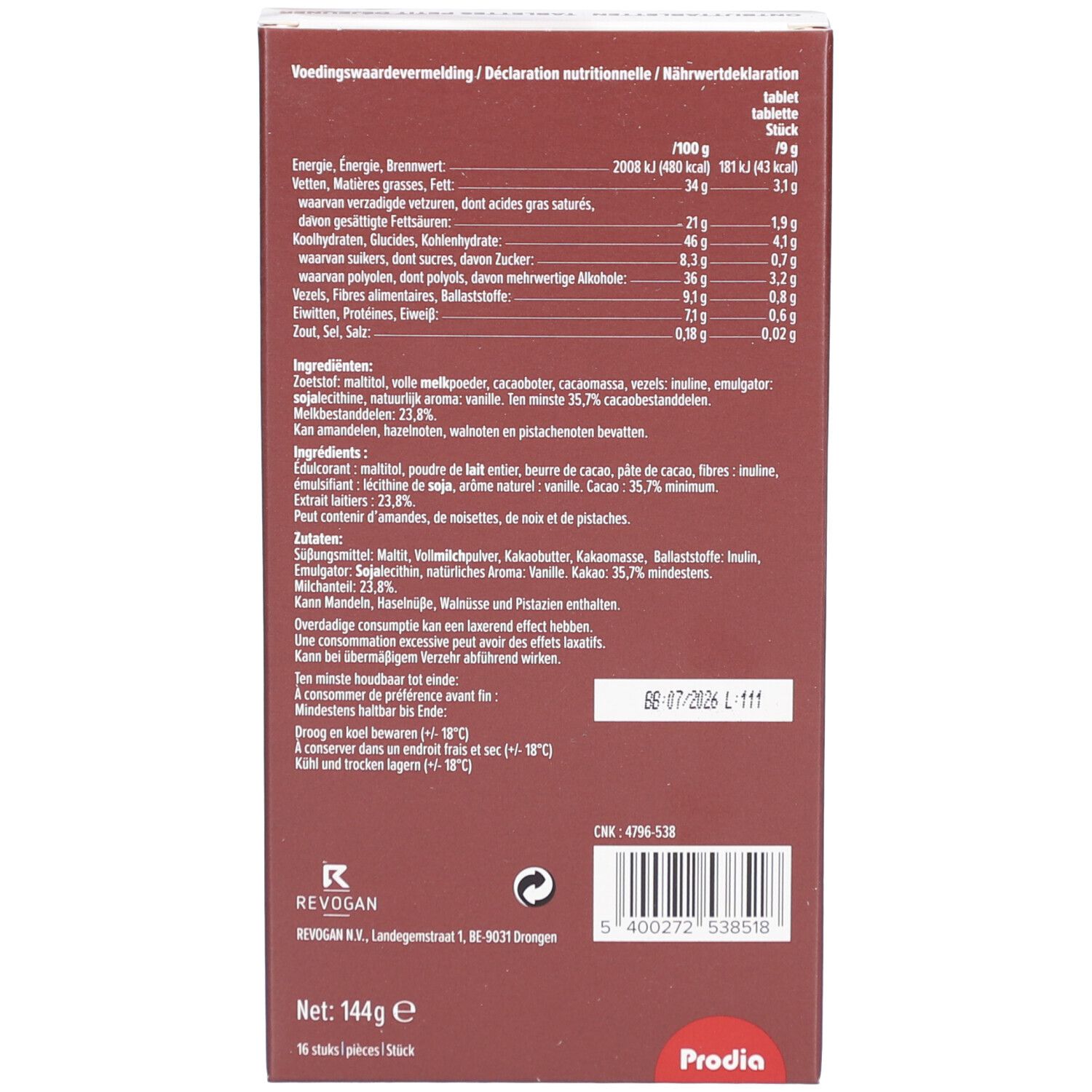 Rückseite der Verpackung mit Nährwertangaben und Zutaten. Text: Tablettes Petit Déjeuner Chocolat au Lait. Marke: Prodia. 16 Stück.