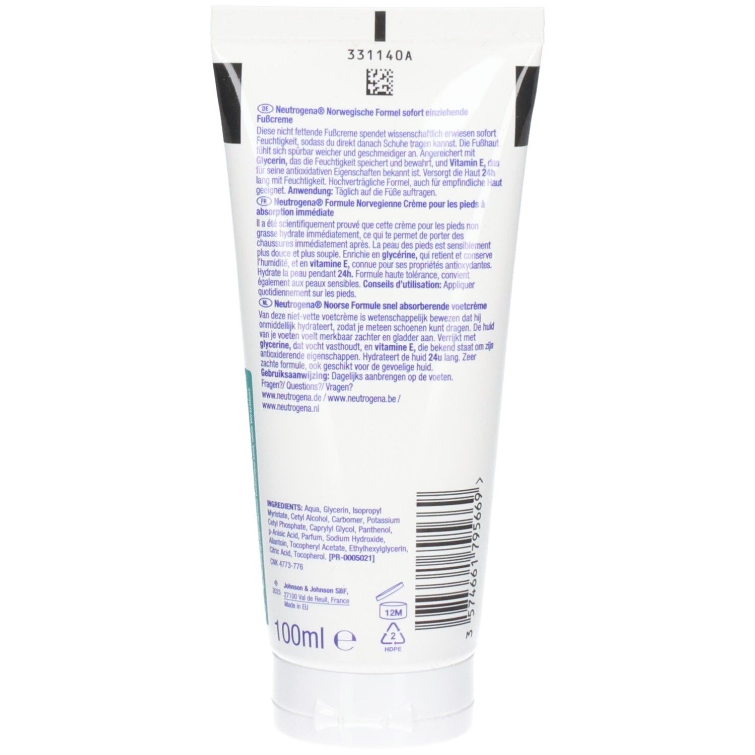 Rückseite der Neutrogena Fußcreme-Tube. Text: Inhaltsstoffe, Anwendungshinweise, Herstellerinformationen, Barcode.