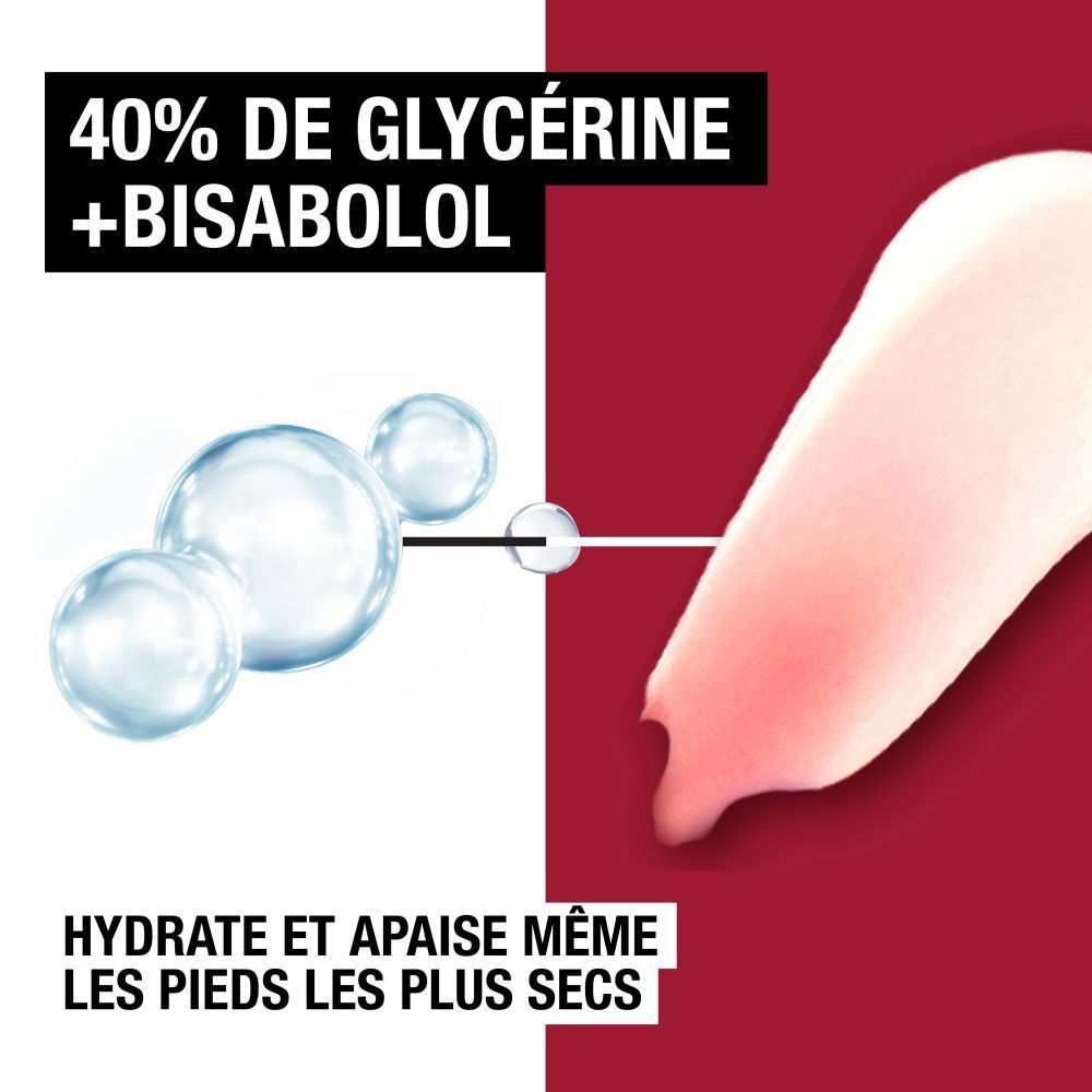 Illustration von 40% Glycerin + Bisabolol für feuchtigkeitsspendende und beruhigende Fußpflege.