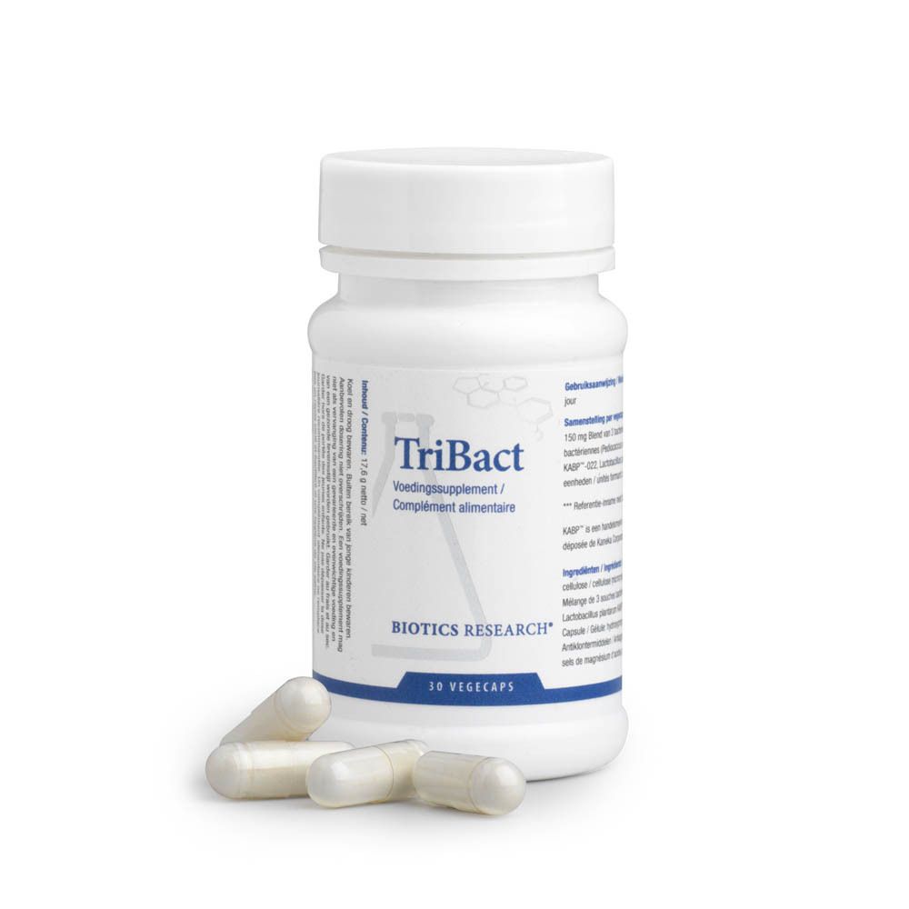 Capsules blanches et boîte. Inscription: TriBact, BIOTICS RESEARCH, 30 Vegecaps.