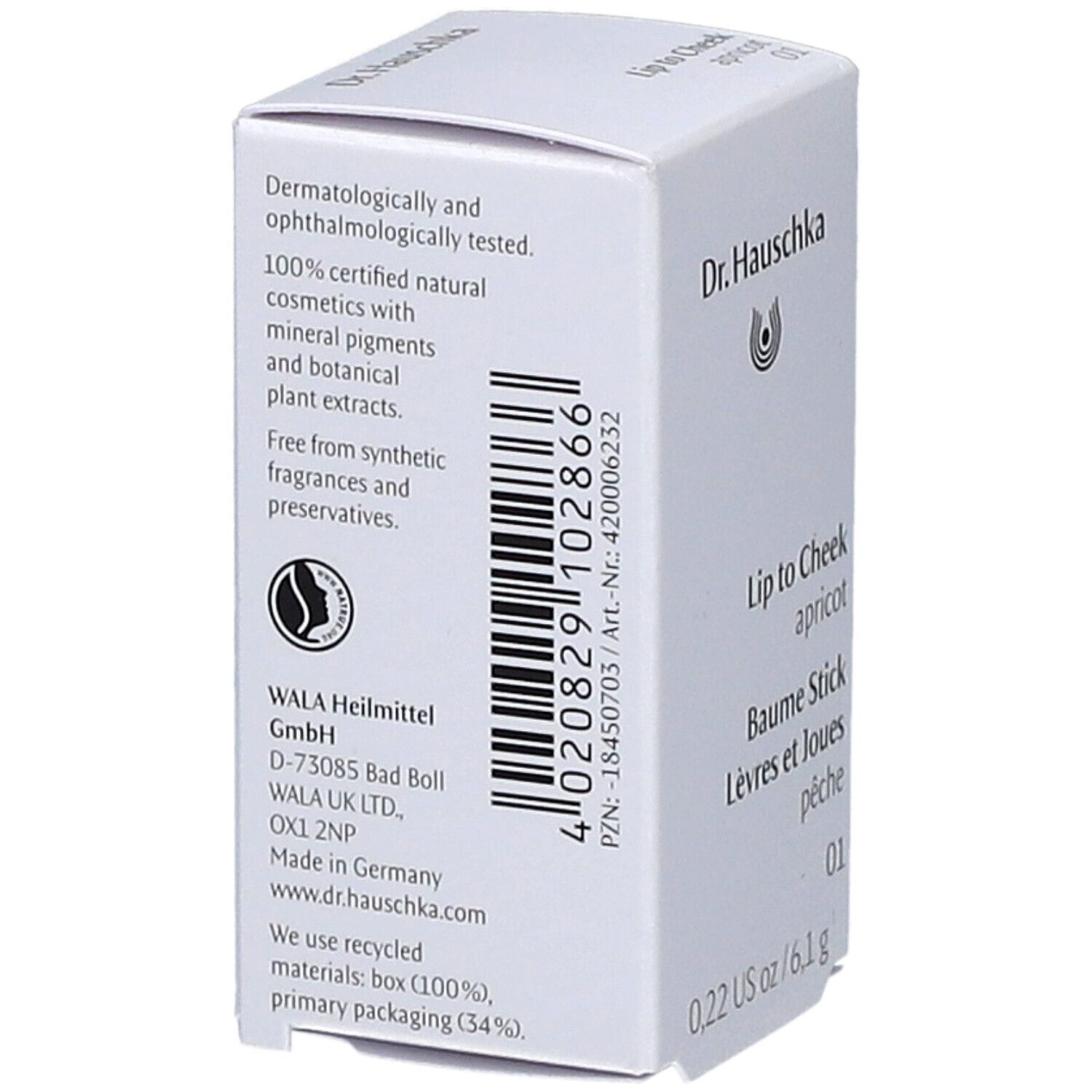 Weiße Produktverpackung mit Text und Barcode. Enthält Informationen zu Inhaltsstoffen und Hersteller.