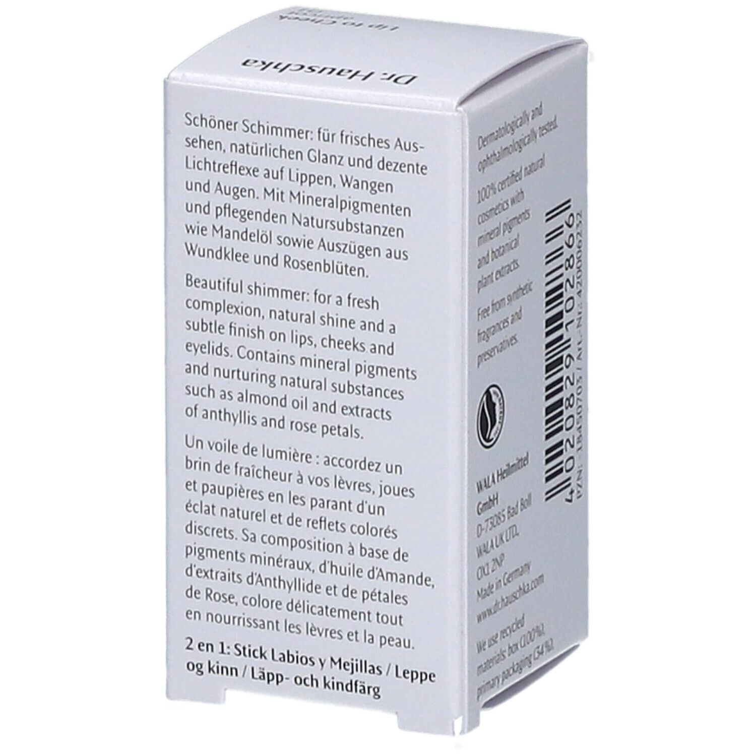 Weiße Produktverpackung mit Text. Enthält Produktbeschreibung in mehreren Sprachen und Herstellerinformationen.